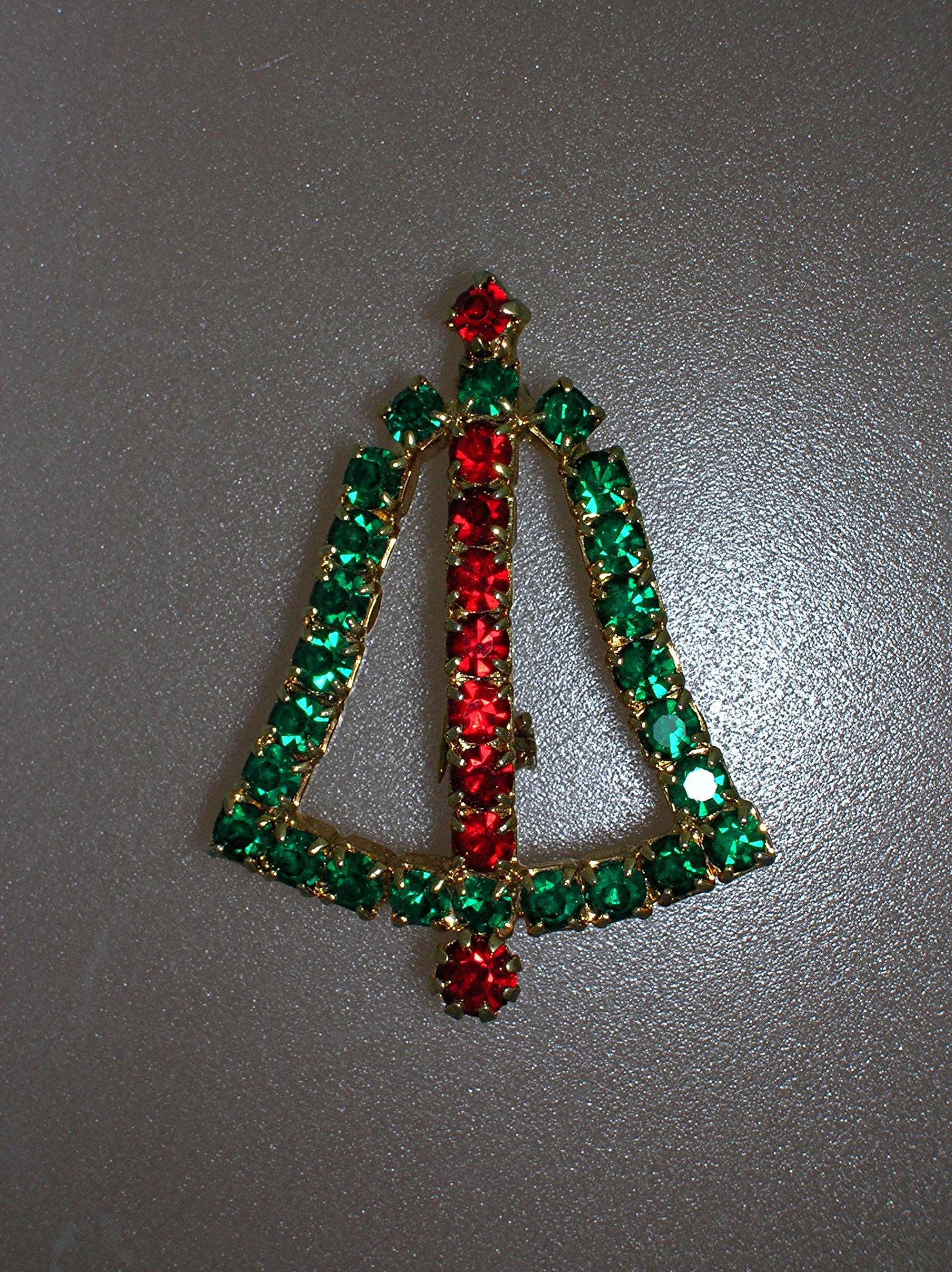 Christmas Goldtone Green and Red Crystal Bell Brooch
