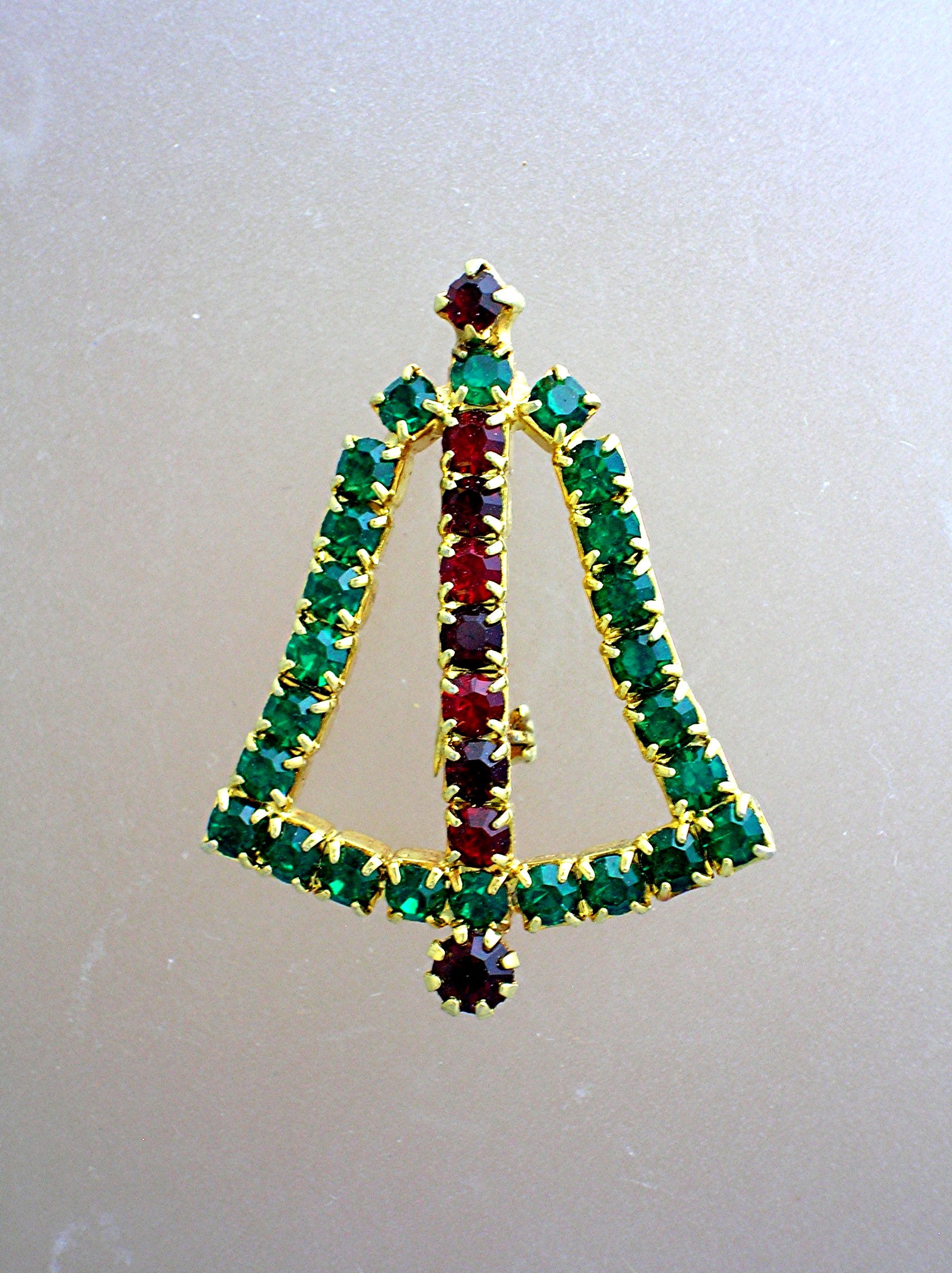 Christmas Goldtone Green and Red Crystal Bell Brooch