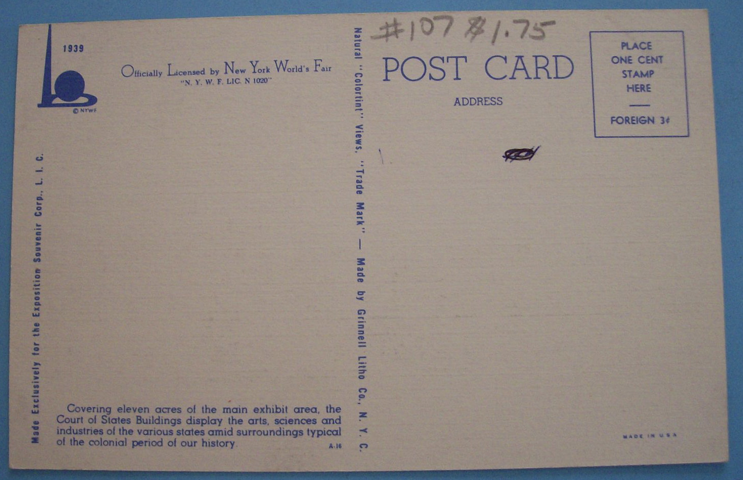 Court Of States Postcard (New York World's Fair)