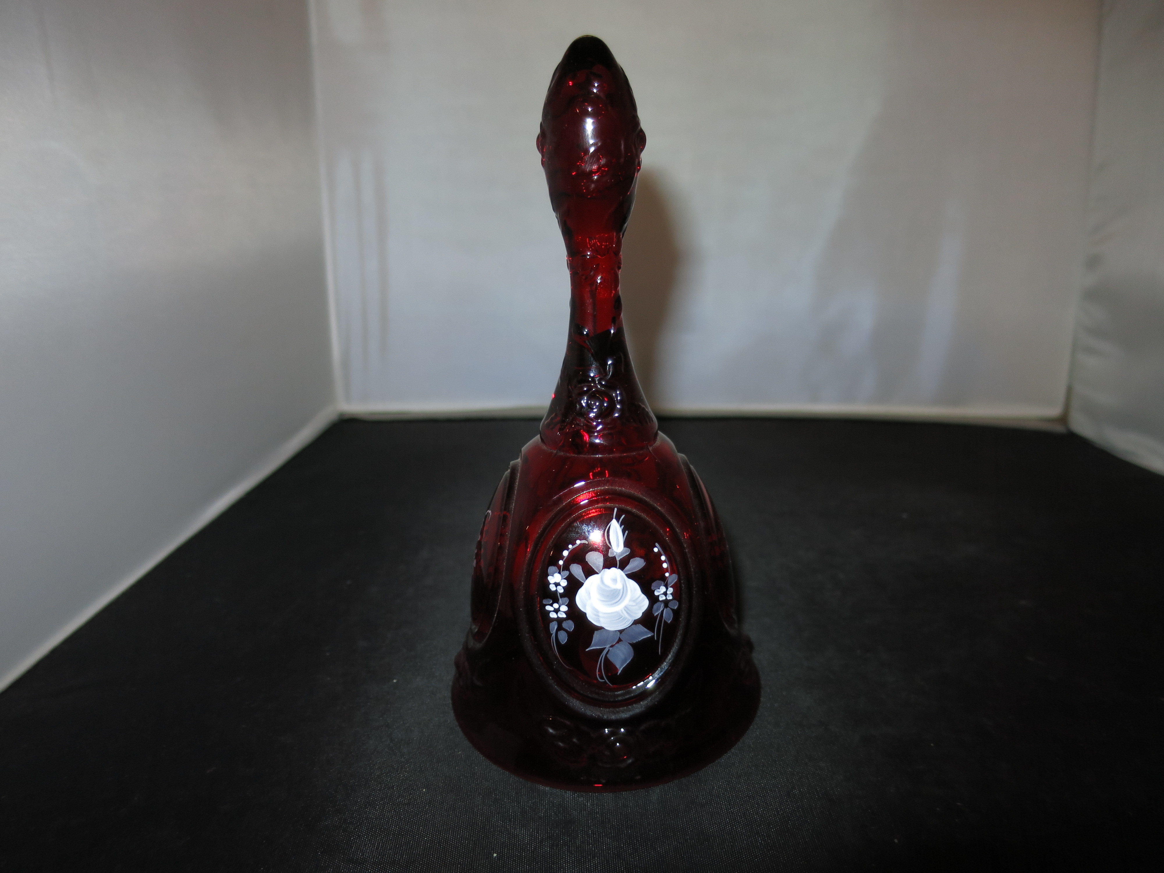 Fenton Art Glass Ruby Bell Hand Painted Rose Floral Signed Debi L