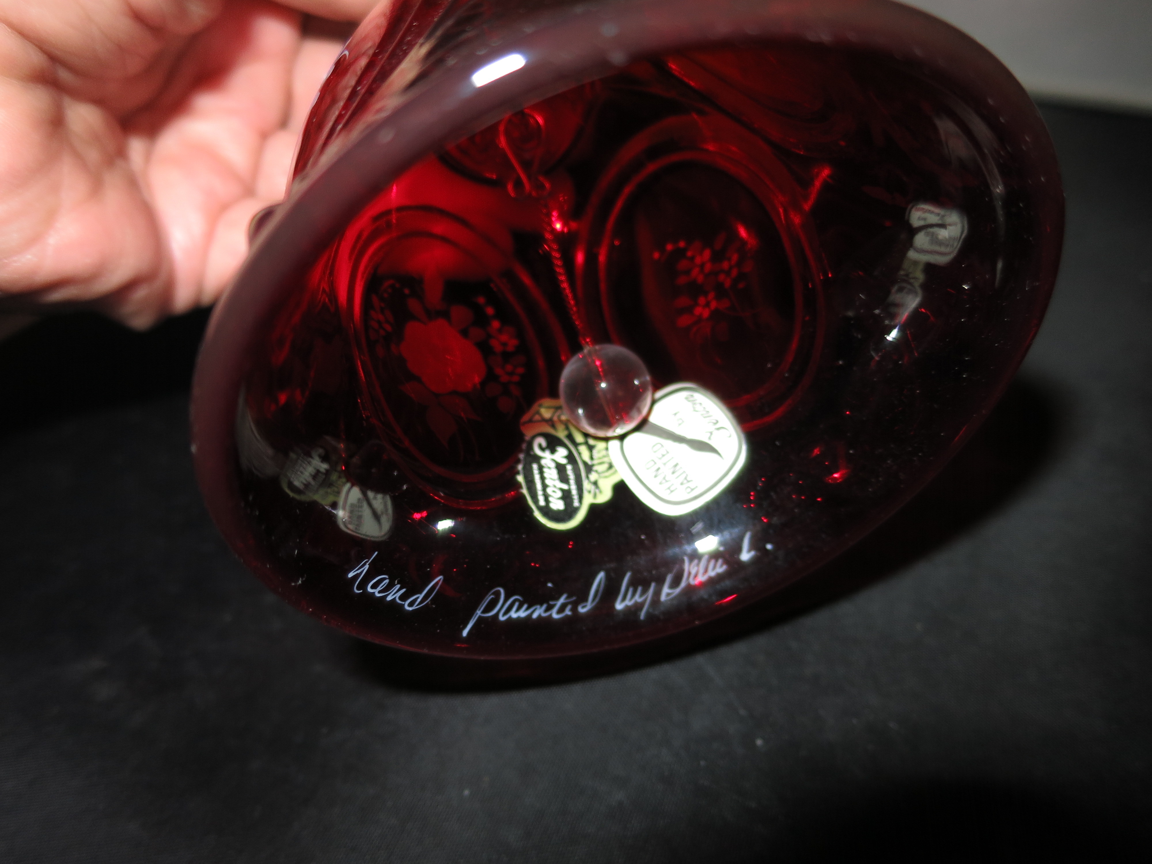 Fenton Art Glass Ruby Bell Hand Painted Rose Floral Signed Debi L