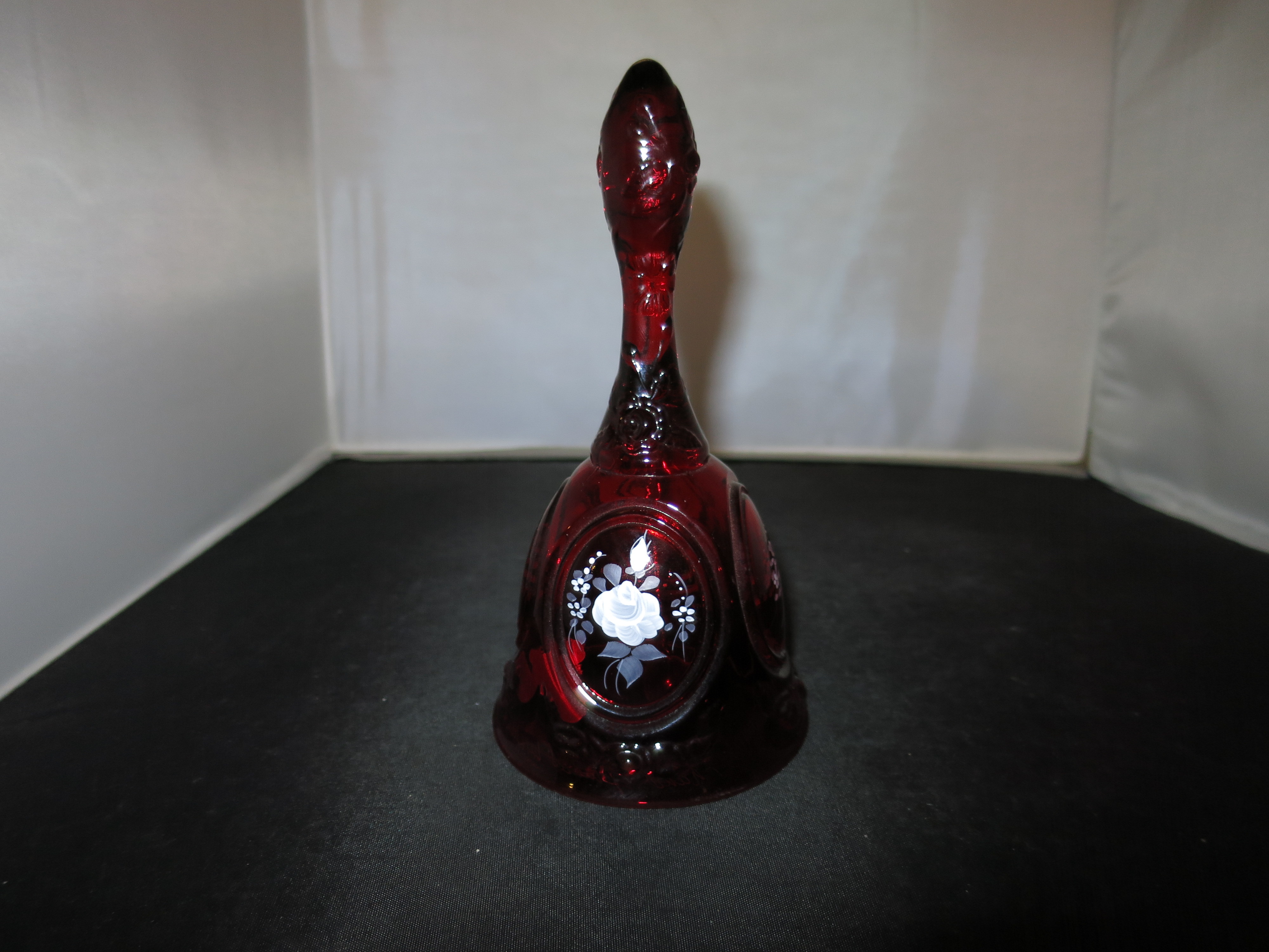 Fenton Art Glass Ruby Bell Hand Painted Rose Floral Signed Debi L