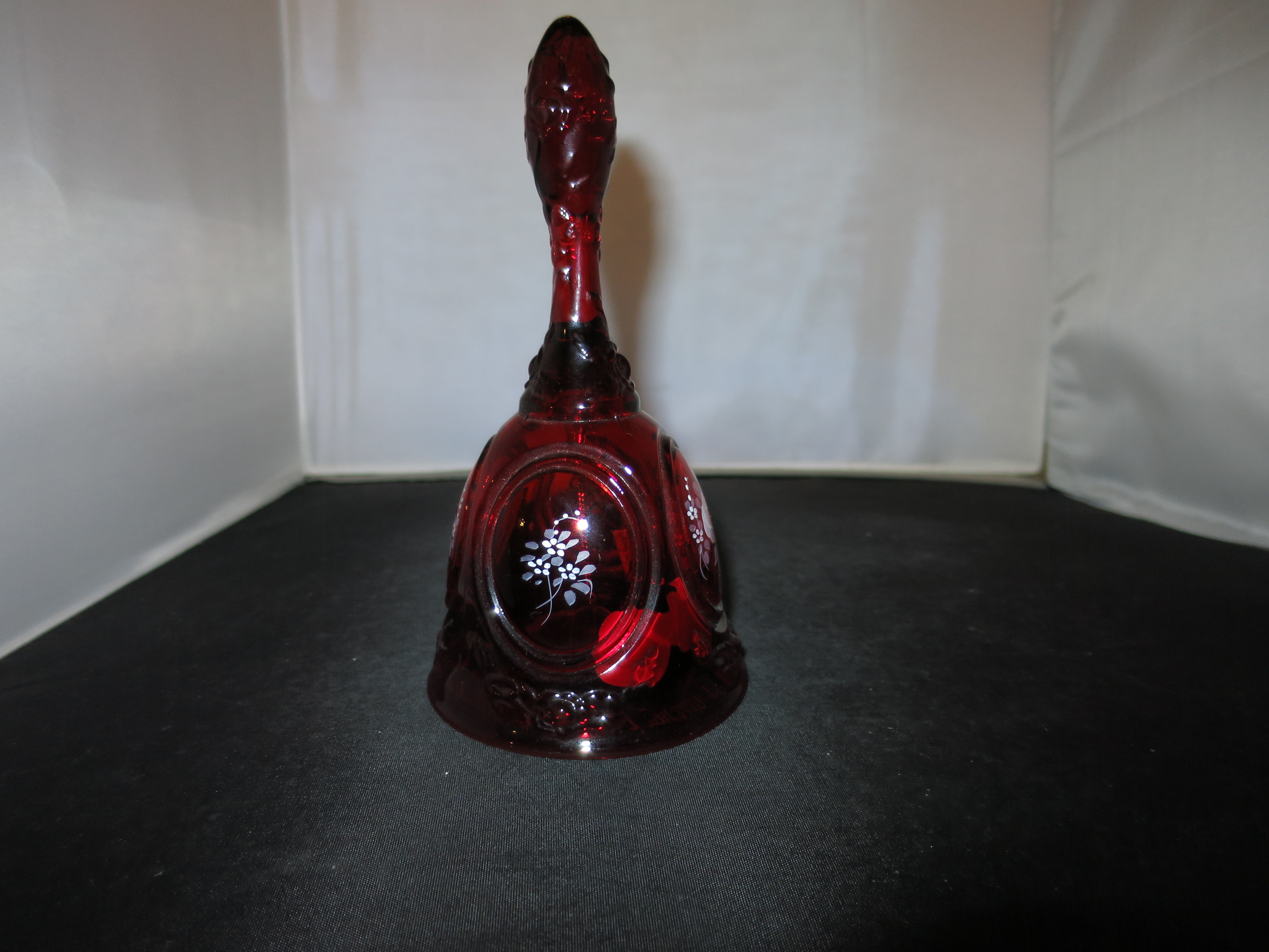Fenton Art Glass Ruby Bell Hand Painted Rose Floral Signed Debi L