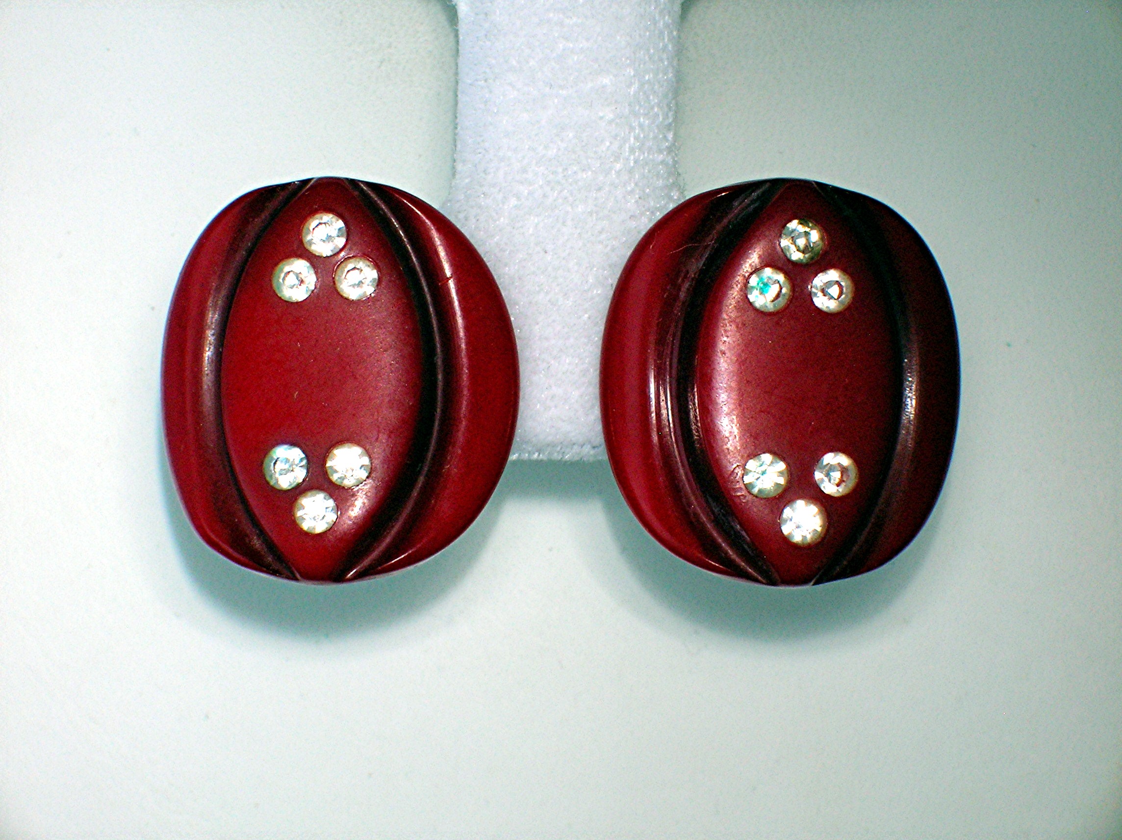 Bakelite Lucite Rhinestone Deep Red Clip Earrings