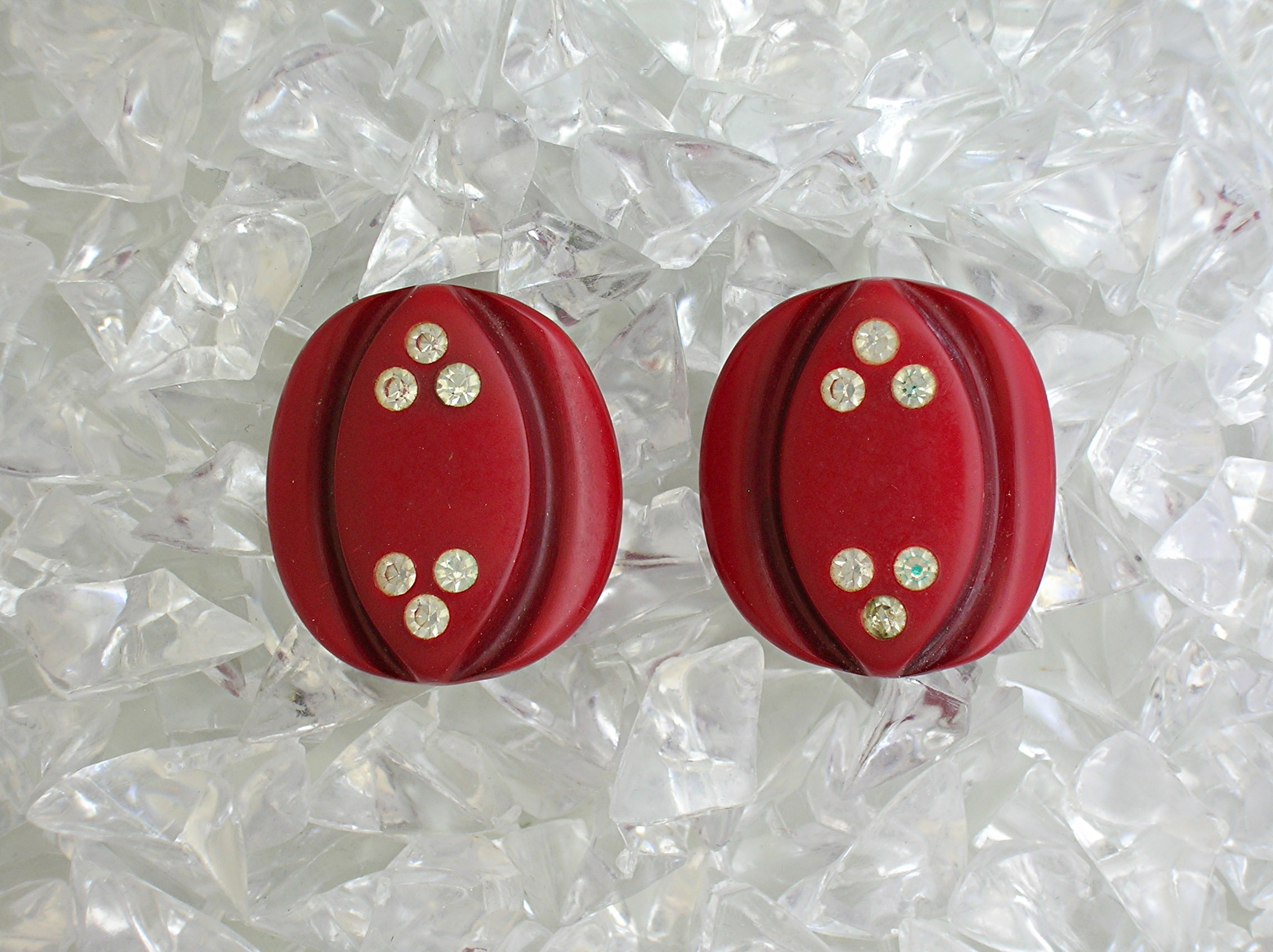Bakelite Lucite Rhinestone Deep Red Clip Earrings