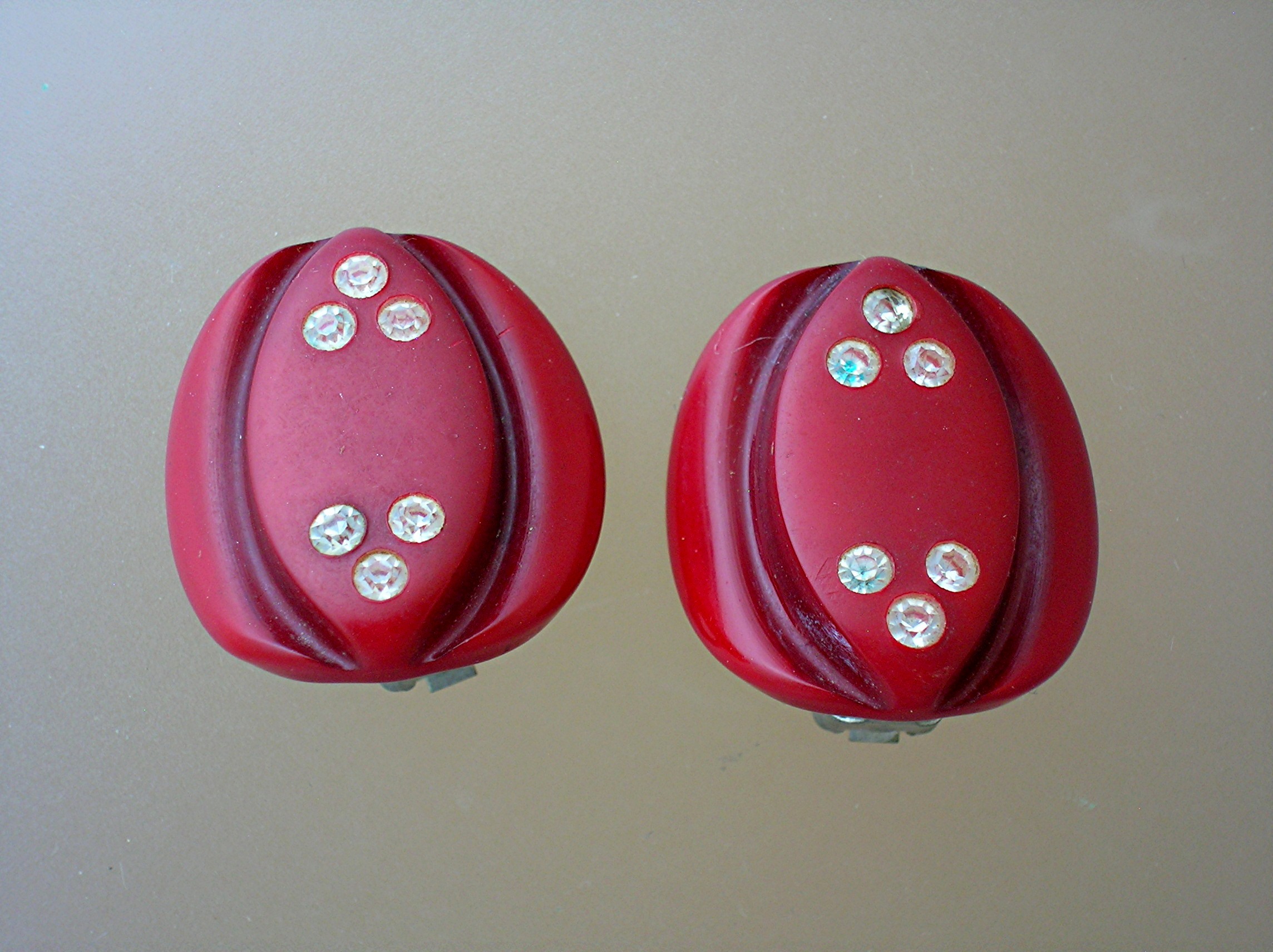 Bakelite Lucite Rhinestone Deep Red Clip Earrings