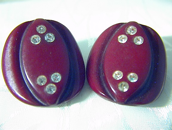 Bakelite Lucite Rhinestone Deep Red Clip Earrings