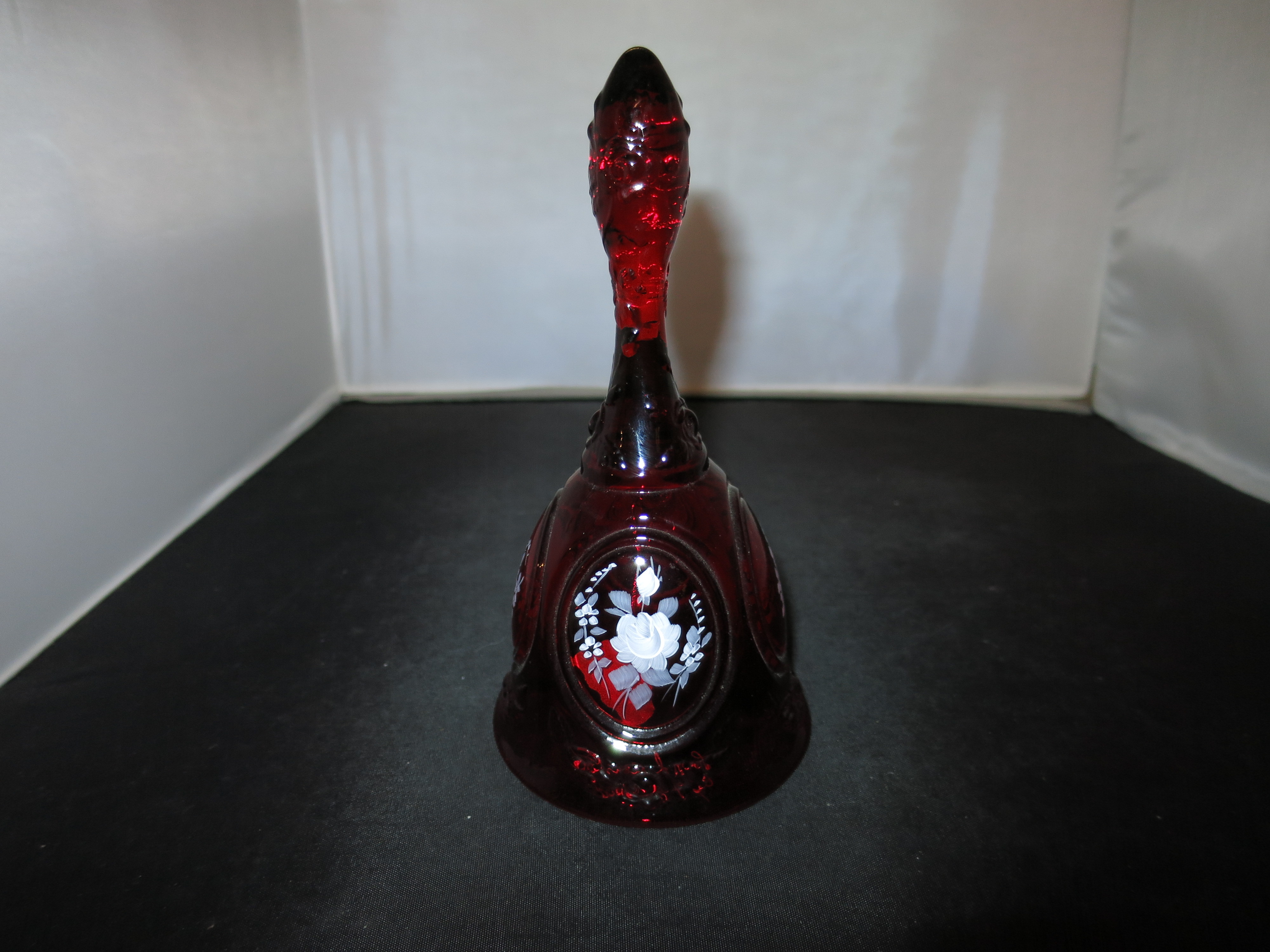 Fenton Art Glass Ruby Bell Hand Painted Floral Signed F. Hubbard
