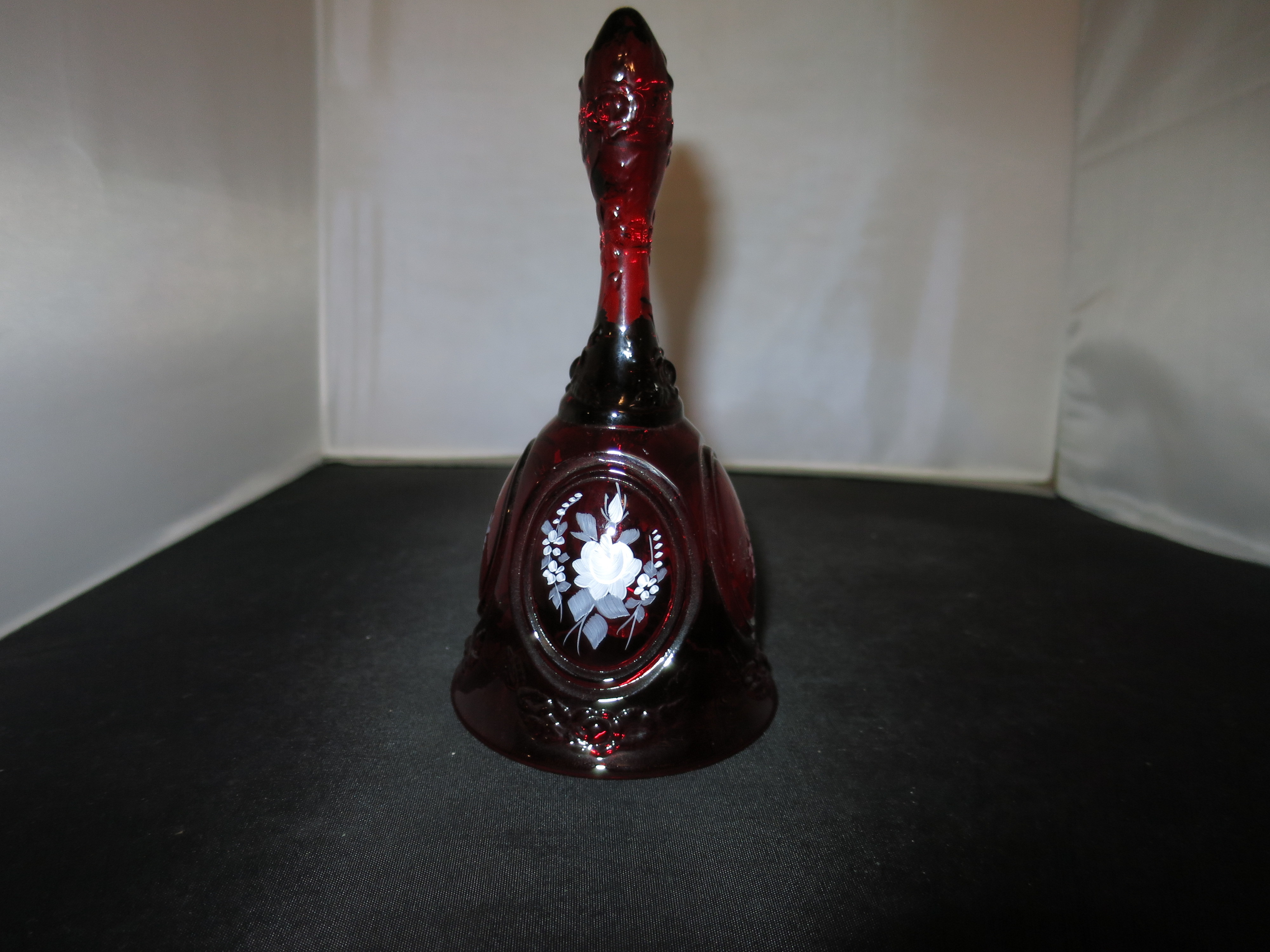 Fenton Art Glass Ruby Bell Hand Painted Floral Signed F. Hubbard
