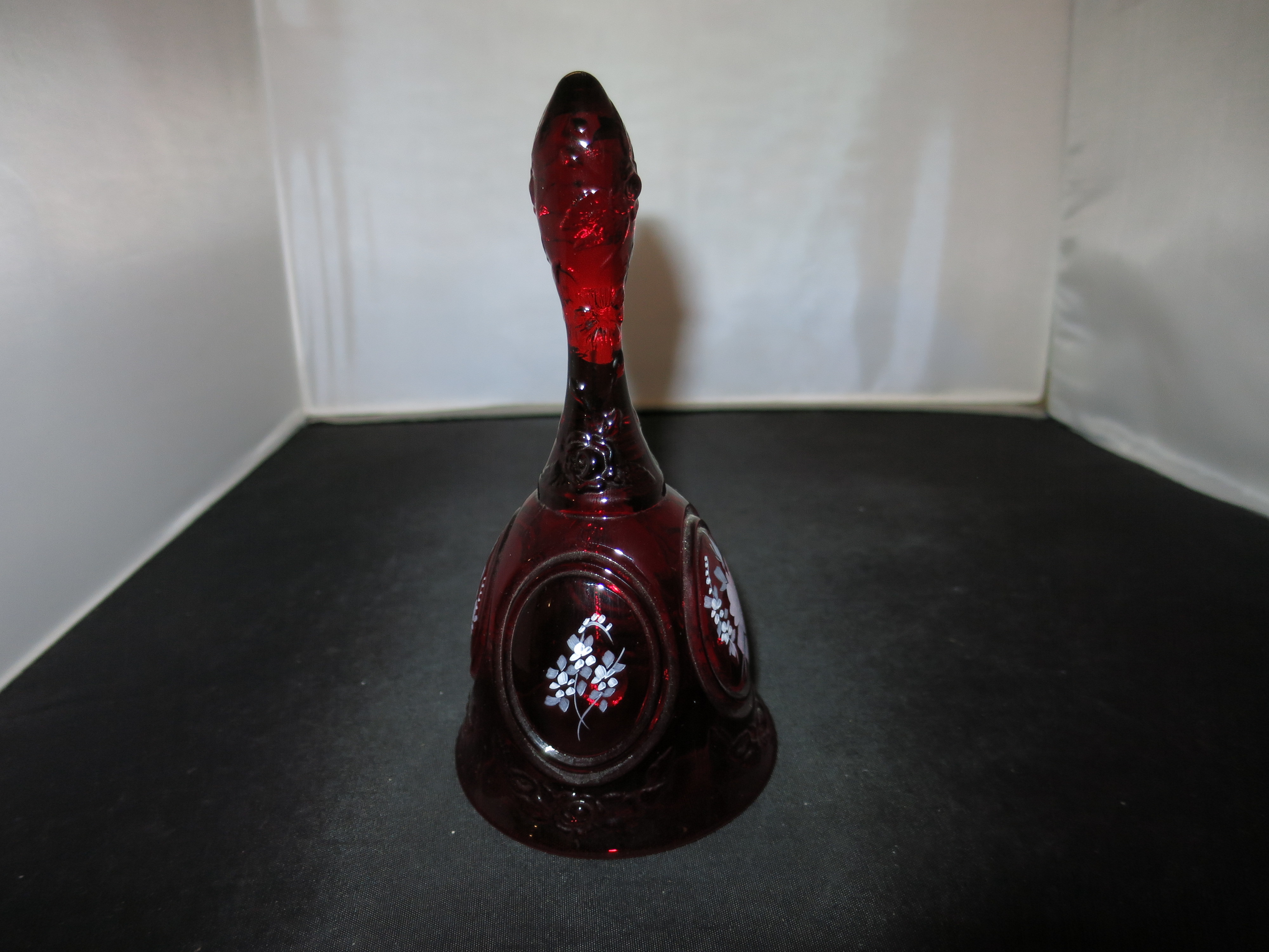 Fenton Art Glass Ruby Bell Hand Painted Floral Signed F. Hubbard
