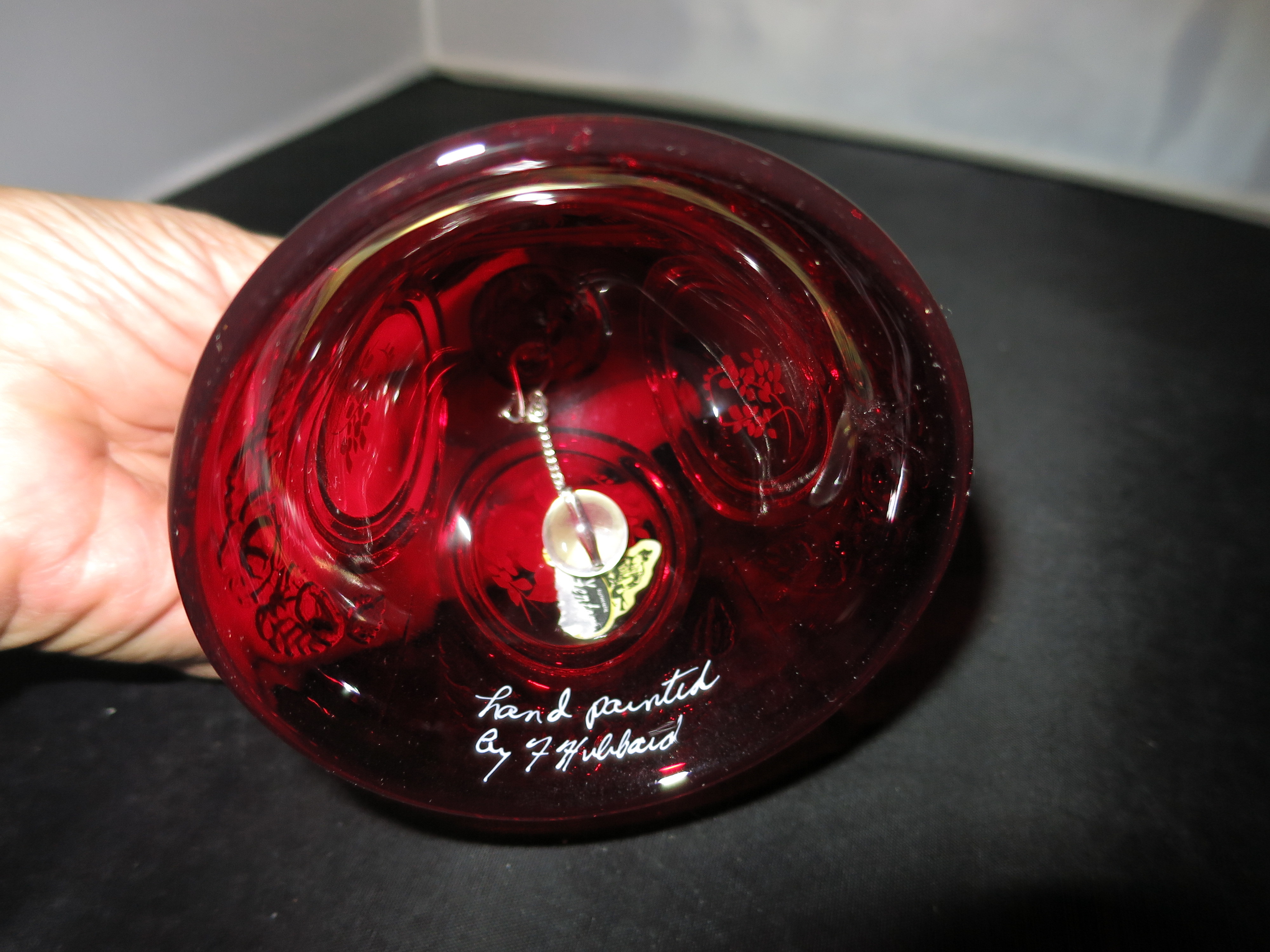 Fenton Art Glass Ruby Bell Hand Painted Floral Signed F. Hubbard