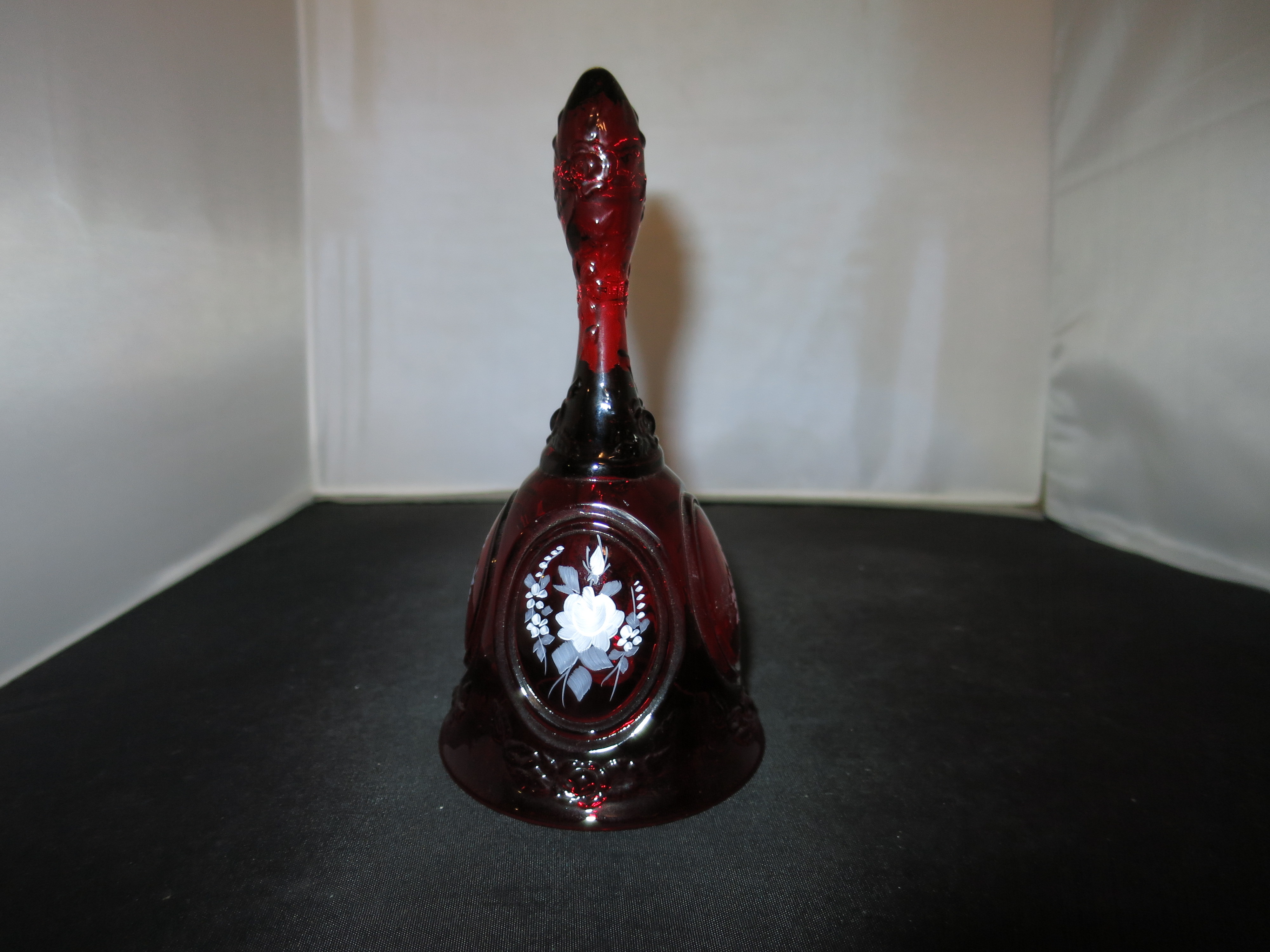 Fenton Art Glass Ruby Bell Hand Painted Floral Signed F. Hubbard