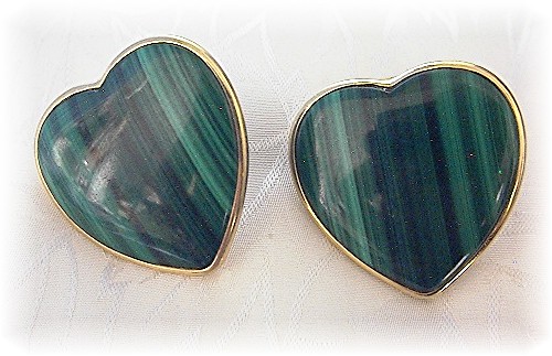 14K Gold Malachite Large Heart Clip Earrings