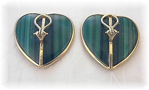 14K Gold Malachite Large Heart Clip Earrings