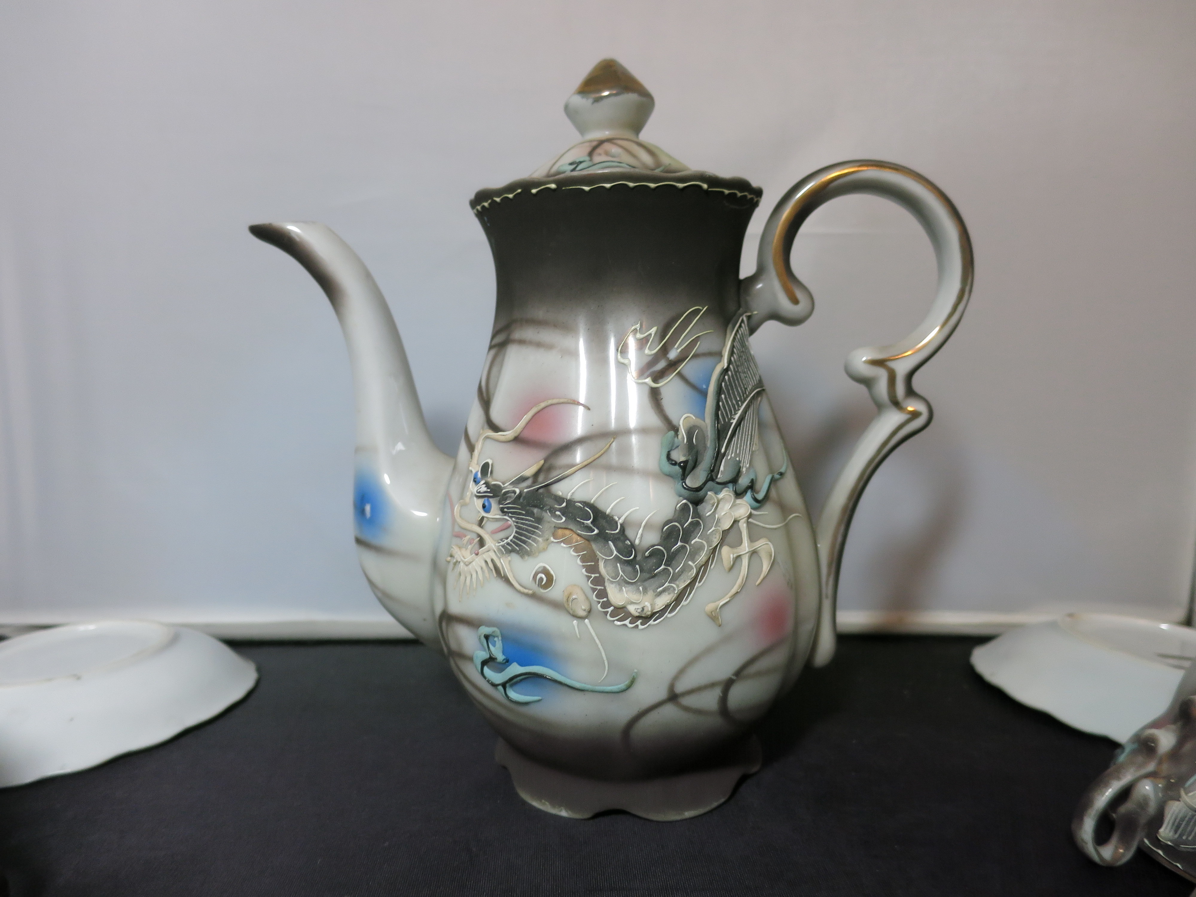Dragon ware Moriage Tea set Teapot creamer sugar cup saucer Japan