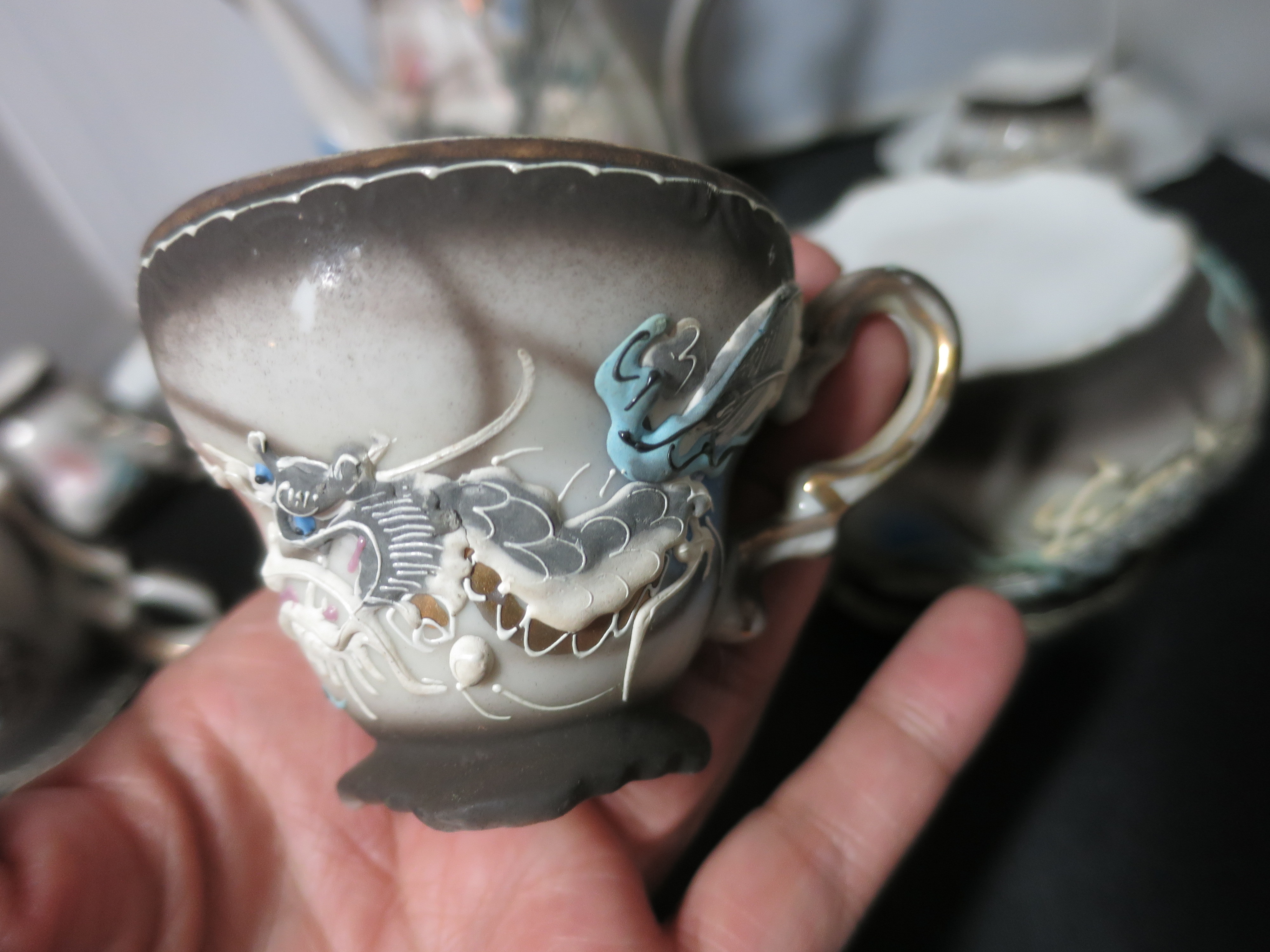 Dragon ware Moriage Tea set Teapot creamer sugar cup saucer Japan