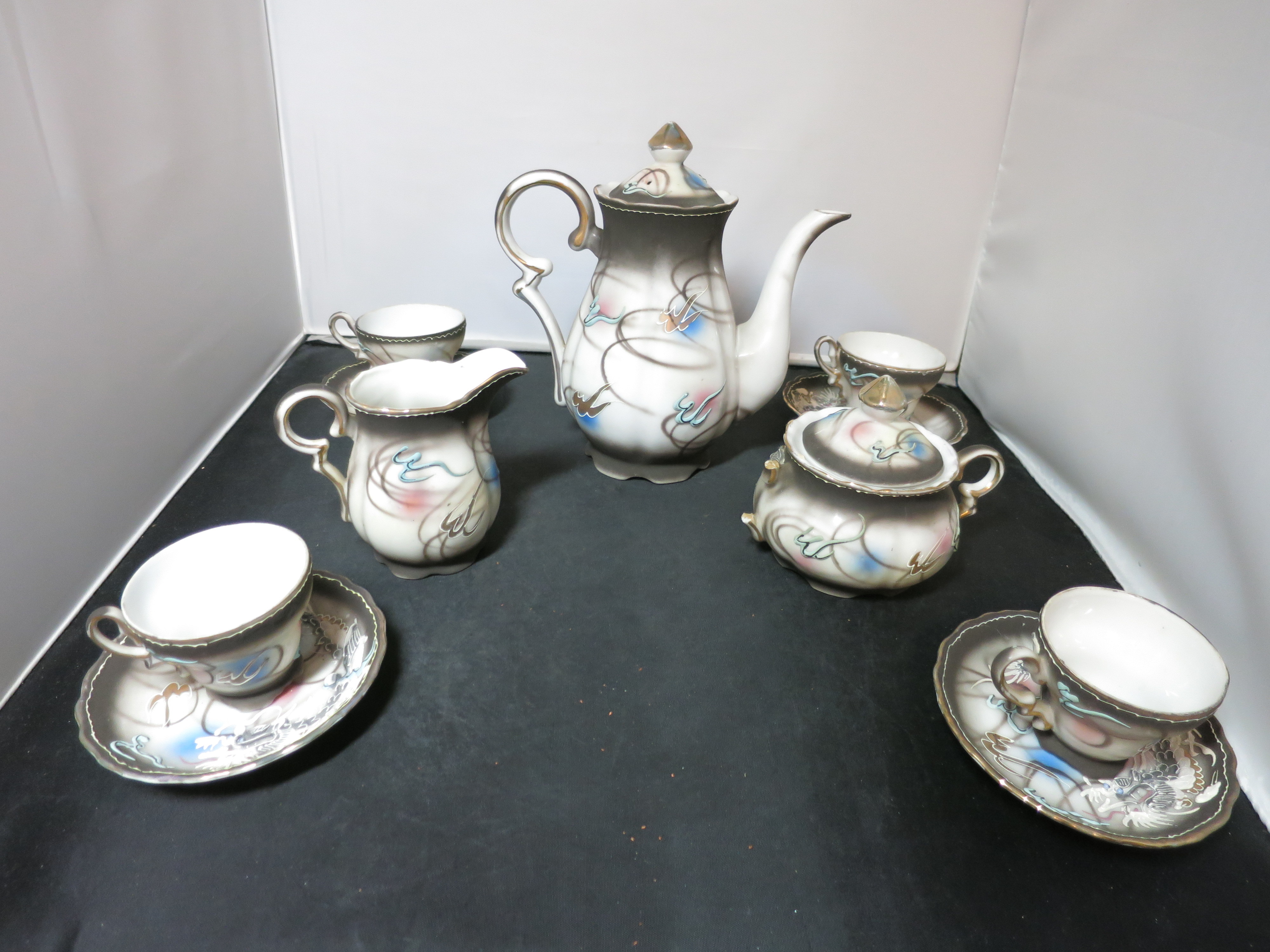 Dragon ware Moriage Tea set Teapot creamer sugar cup saucer Japan