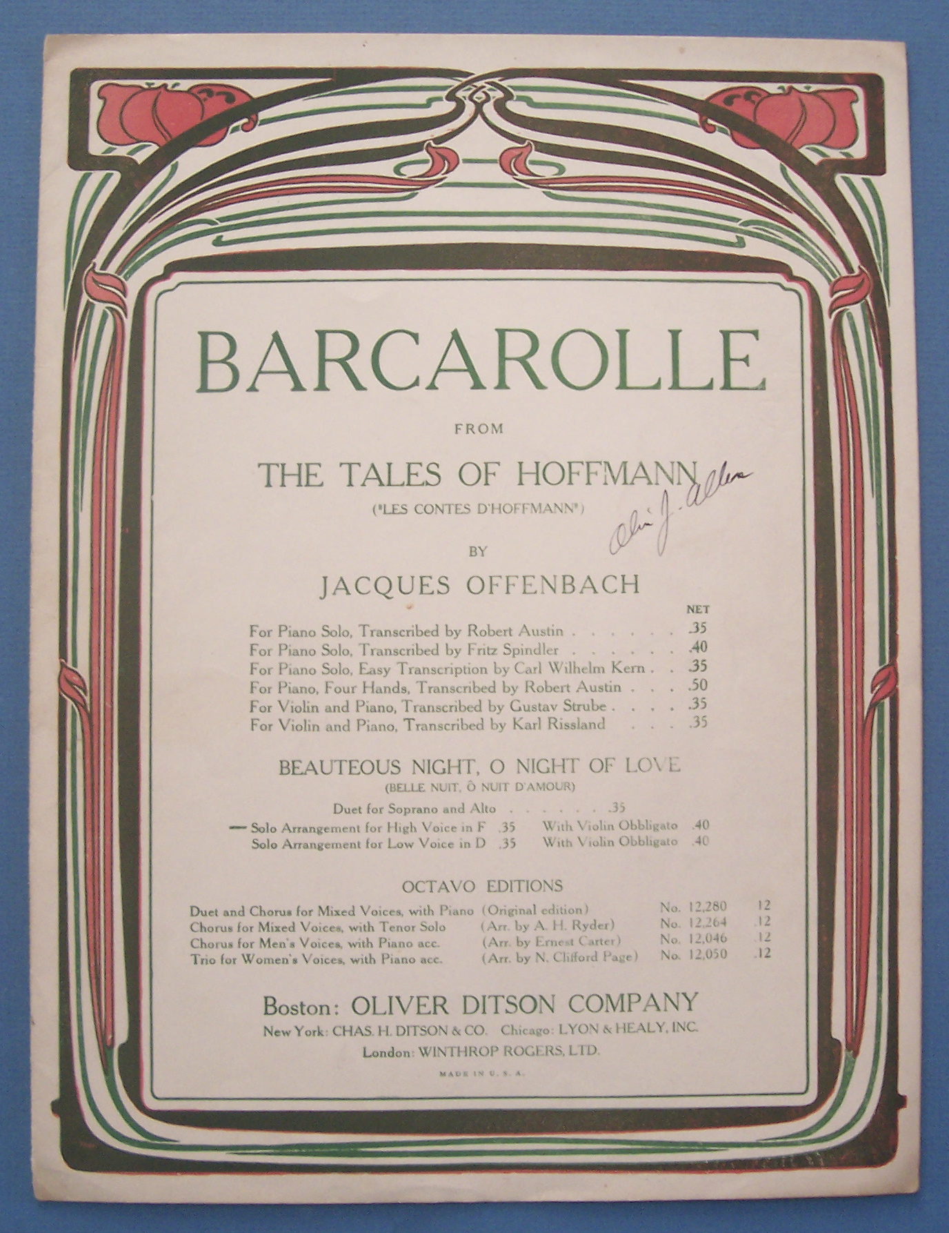 Sheet Music For 1909 Barcarolle