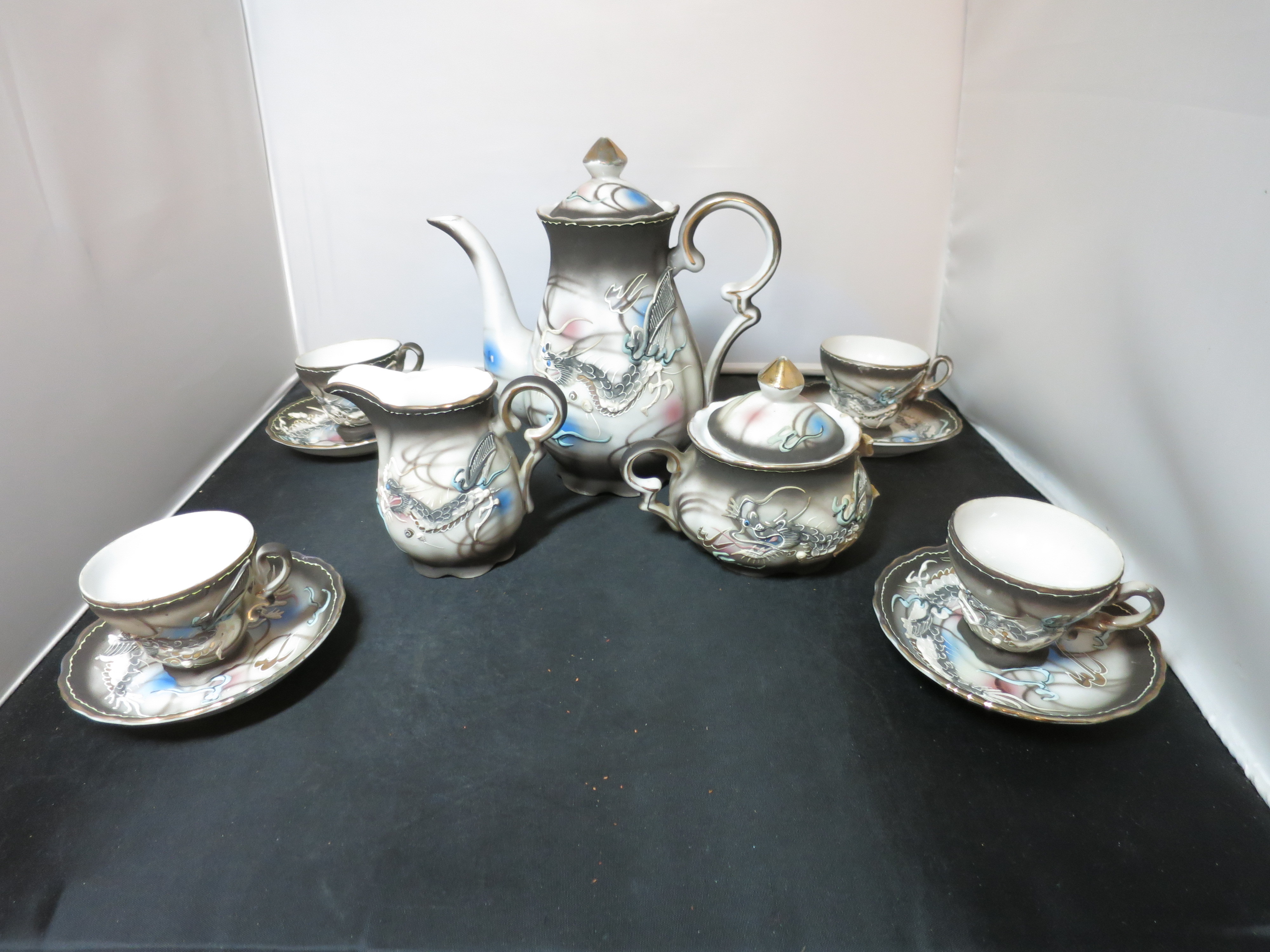 Dragon ware Moriage Tea set Teapot creamer sugar cup saucer Japan