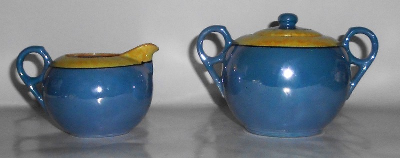 Japan Porcelain Blue Yellow Lustre Wear Creamer Sugar Bowl Set