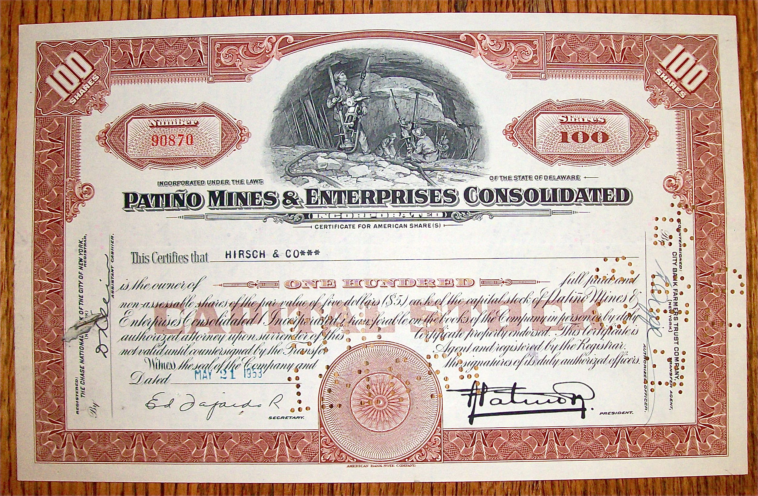 1953 Patino Mines & Enterprises Consolidated Stock