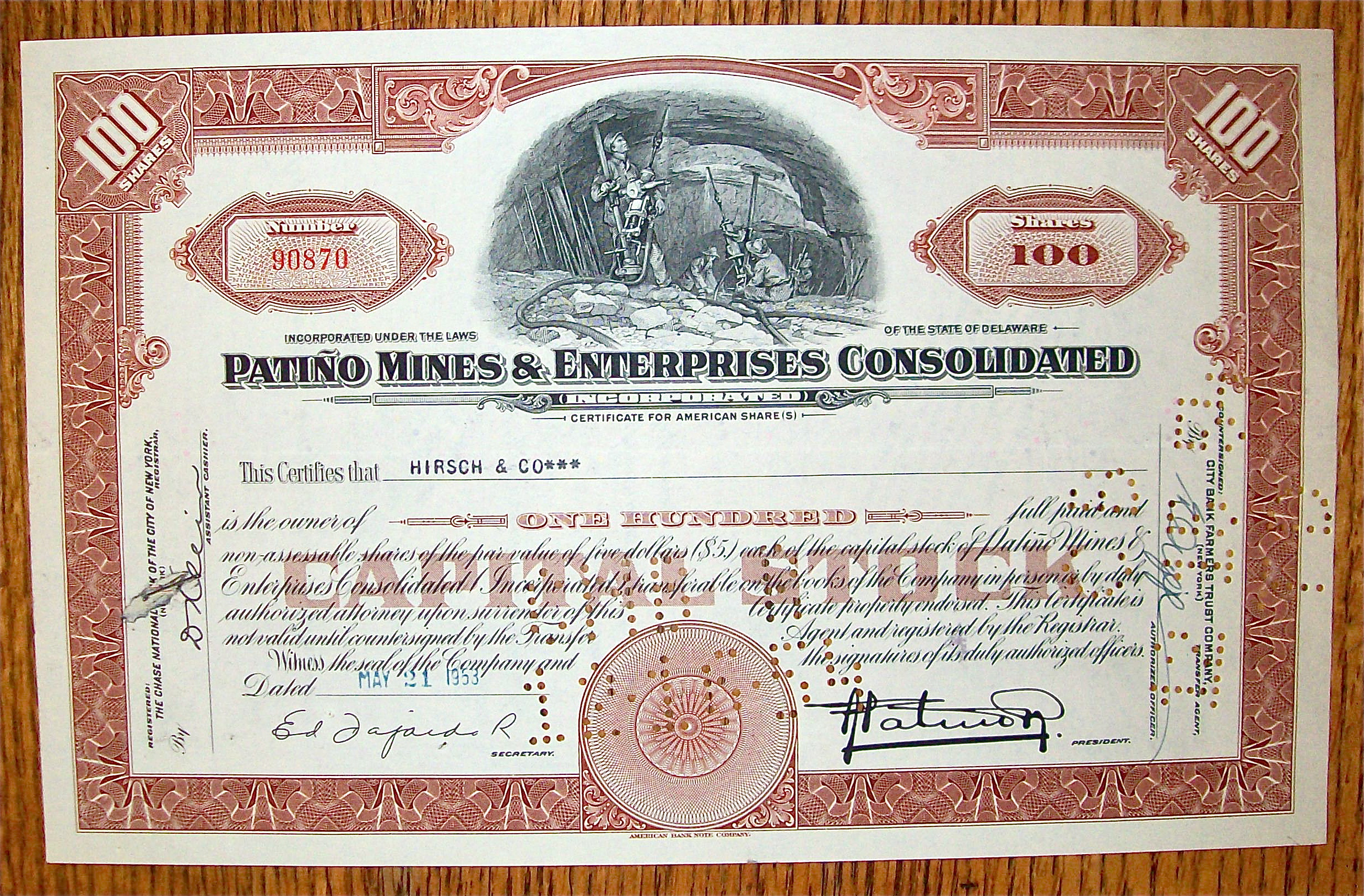 1953 Patino Mines & Enterprises Consolidated Stock