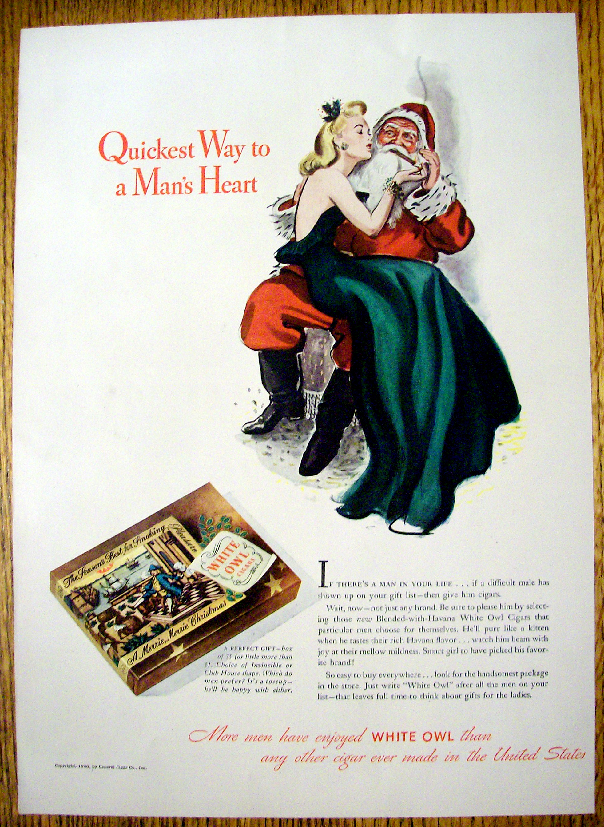 1940 White Owl Cigar with Woman Sitting on Santa's Lap