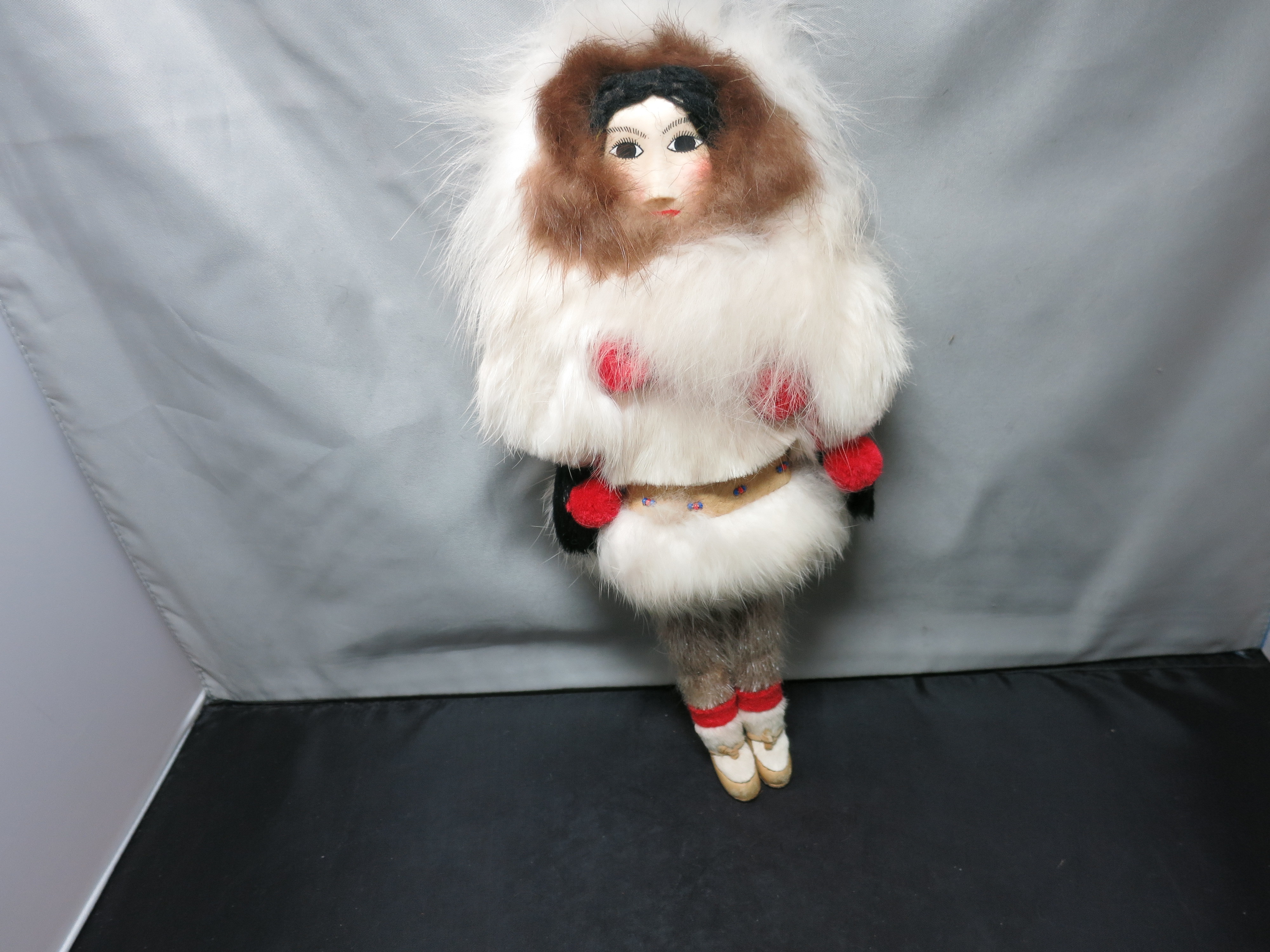 Eskimo Souvenir Doll Celluloid or Ivory Face Rabbit Fur Hand Sewn