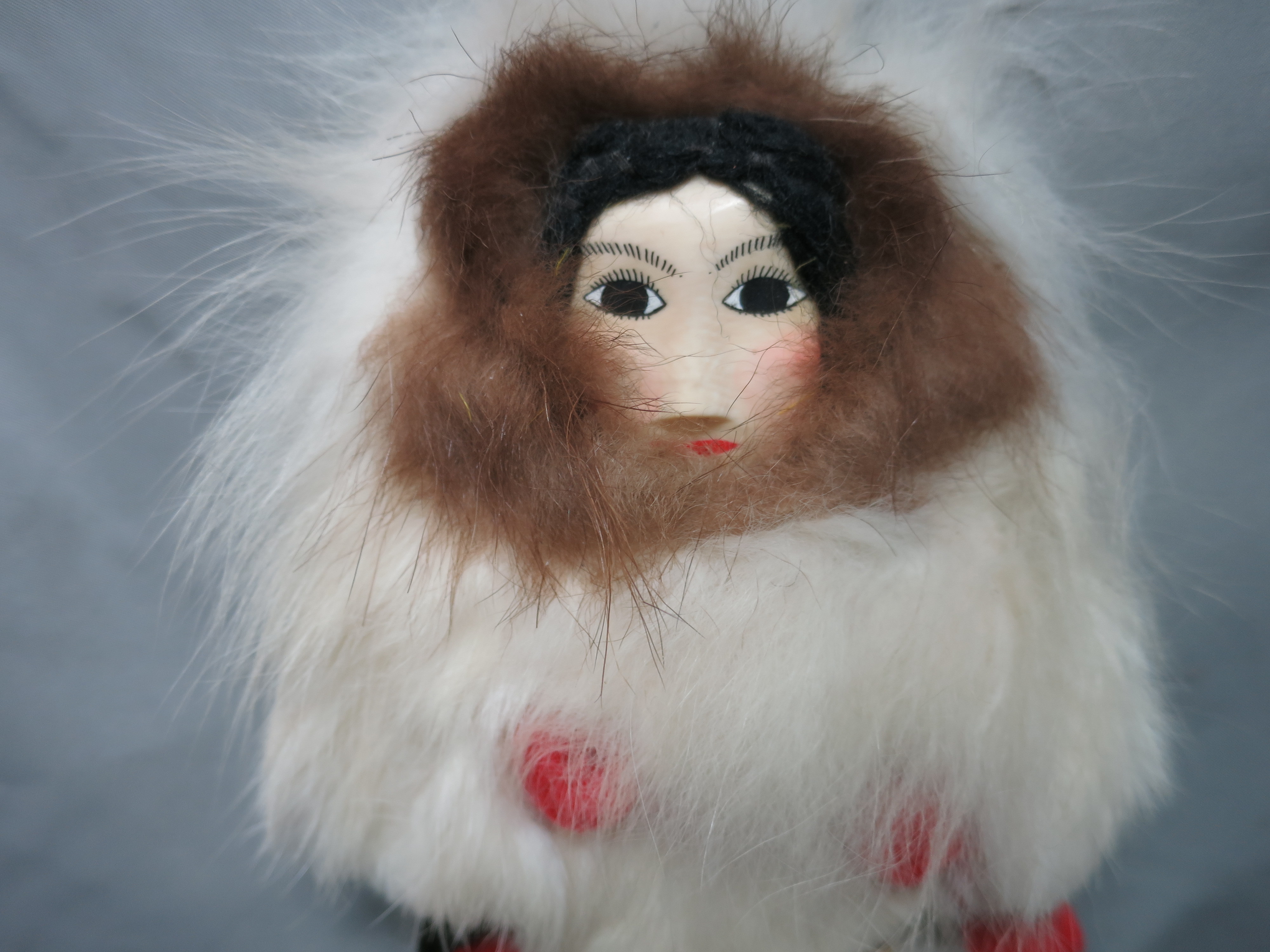 Eskimo Souvenir Doll Celluloid or Ivory Face Rabbit Fur Hand Sewn