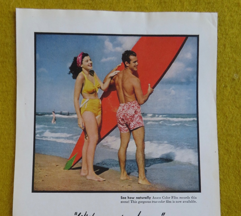 1946 Ansco Color Film With Man & Woman On The Beach While He Holds A Surfboard