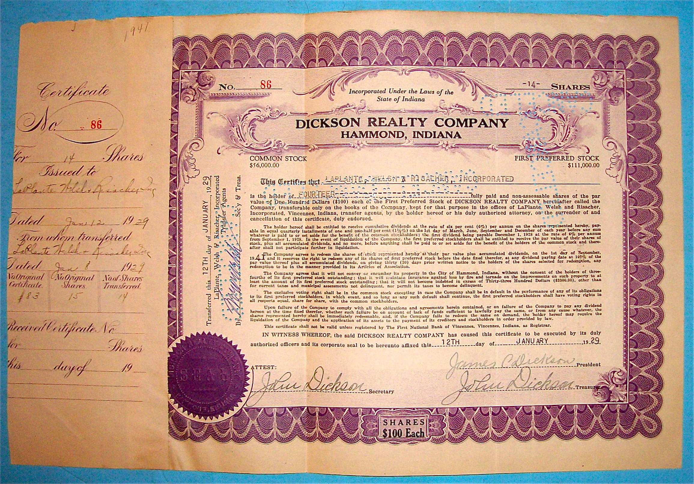 1929 Dickson Reality Company Stock Certificate