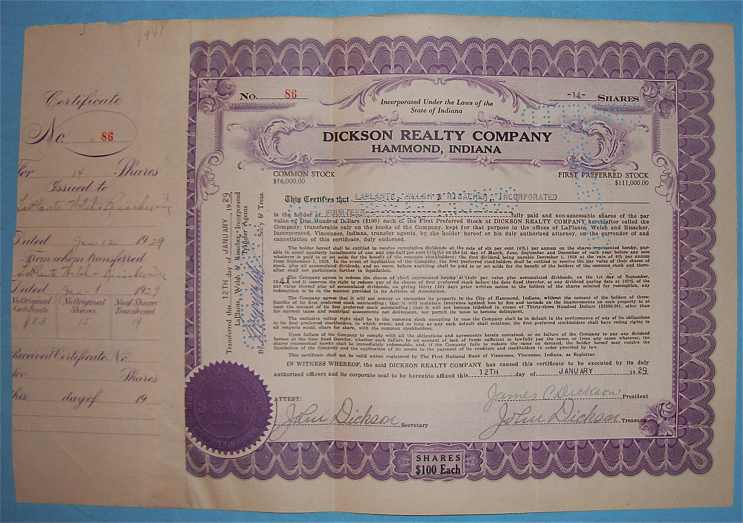 1929 Dickson Reality Company Stock Certificate