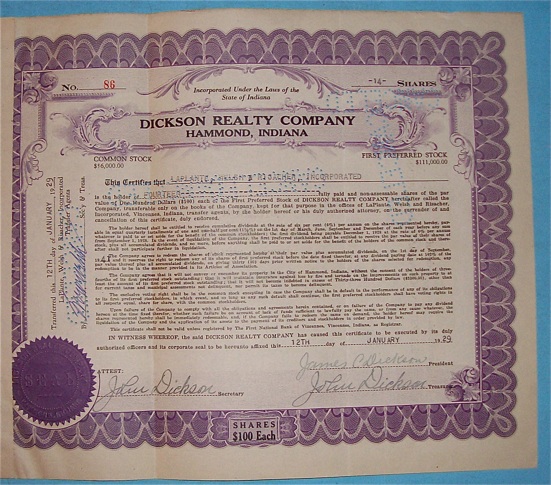 1929 Dickson Reality Company Stock Certificate