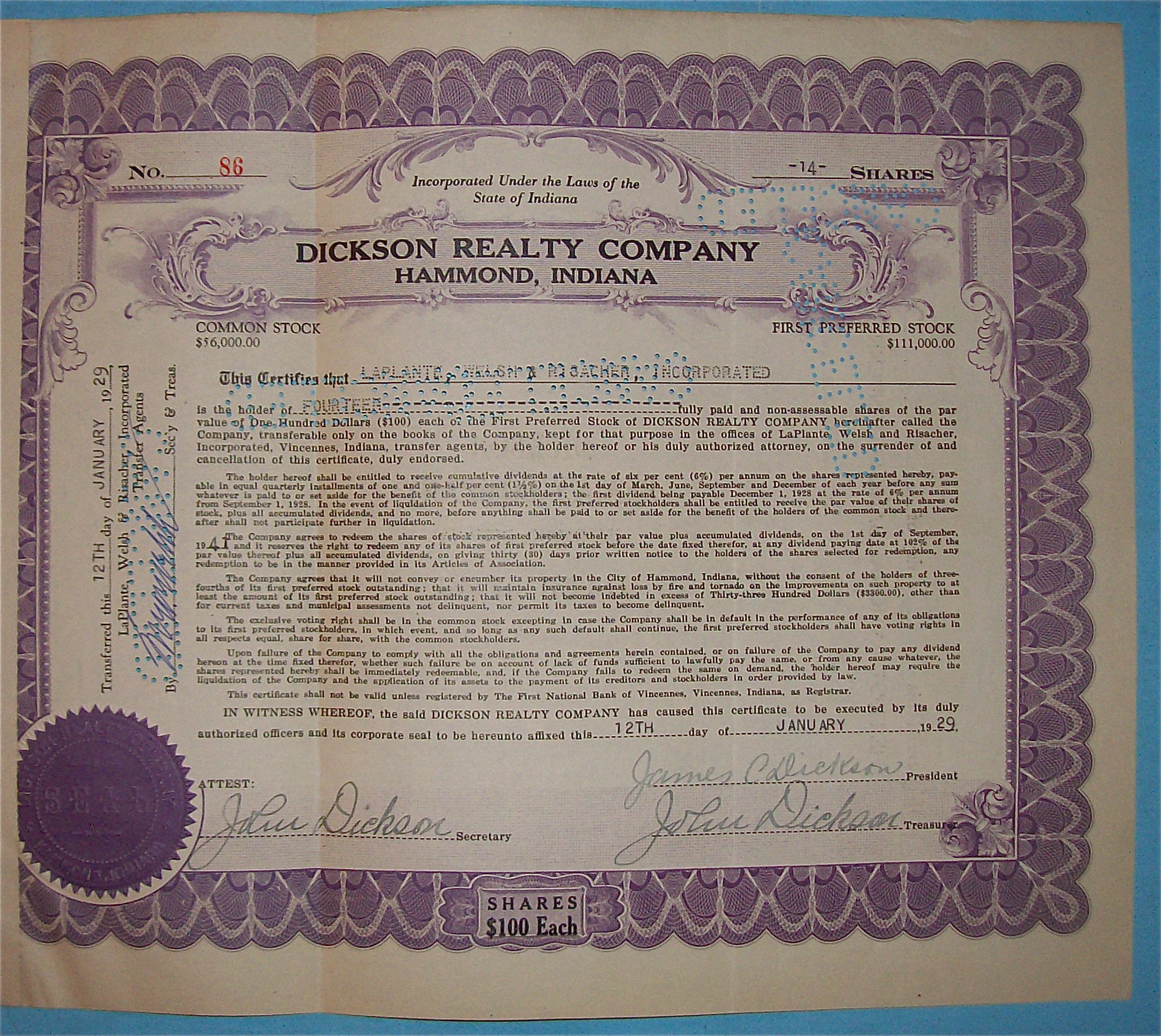 1929 Dickson Reality Company Stock Certificate