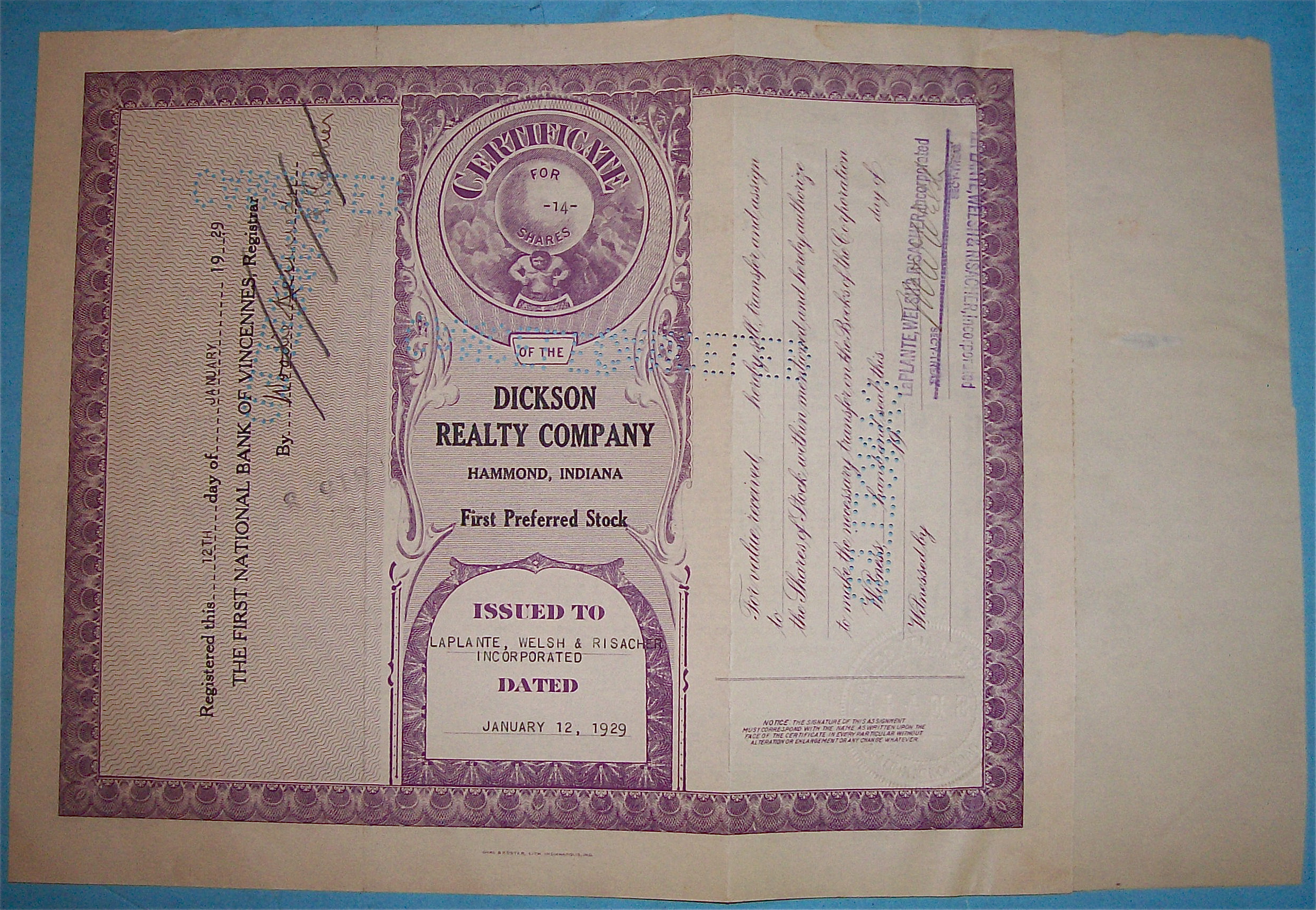 1929 Dickson Reality Company Stock Certificate