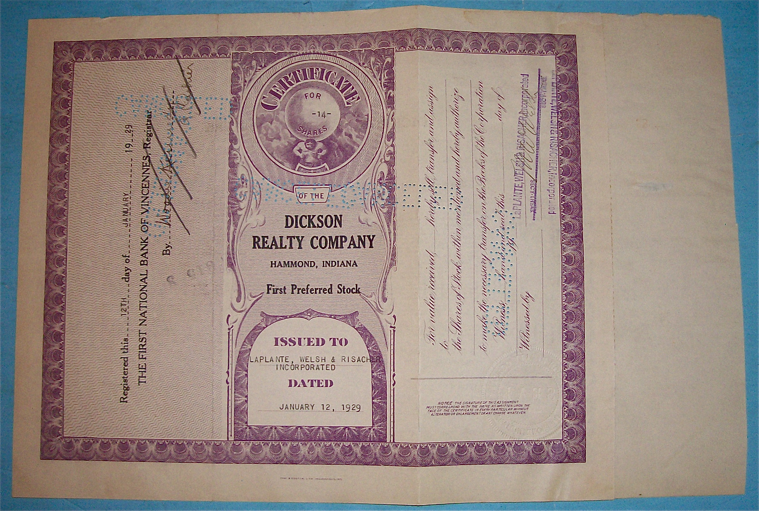 1929 Dickson Reality Company Stock Certificate