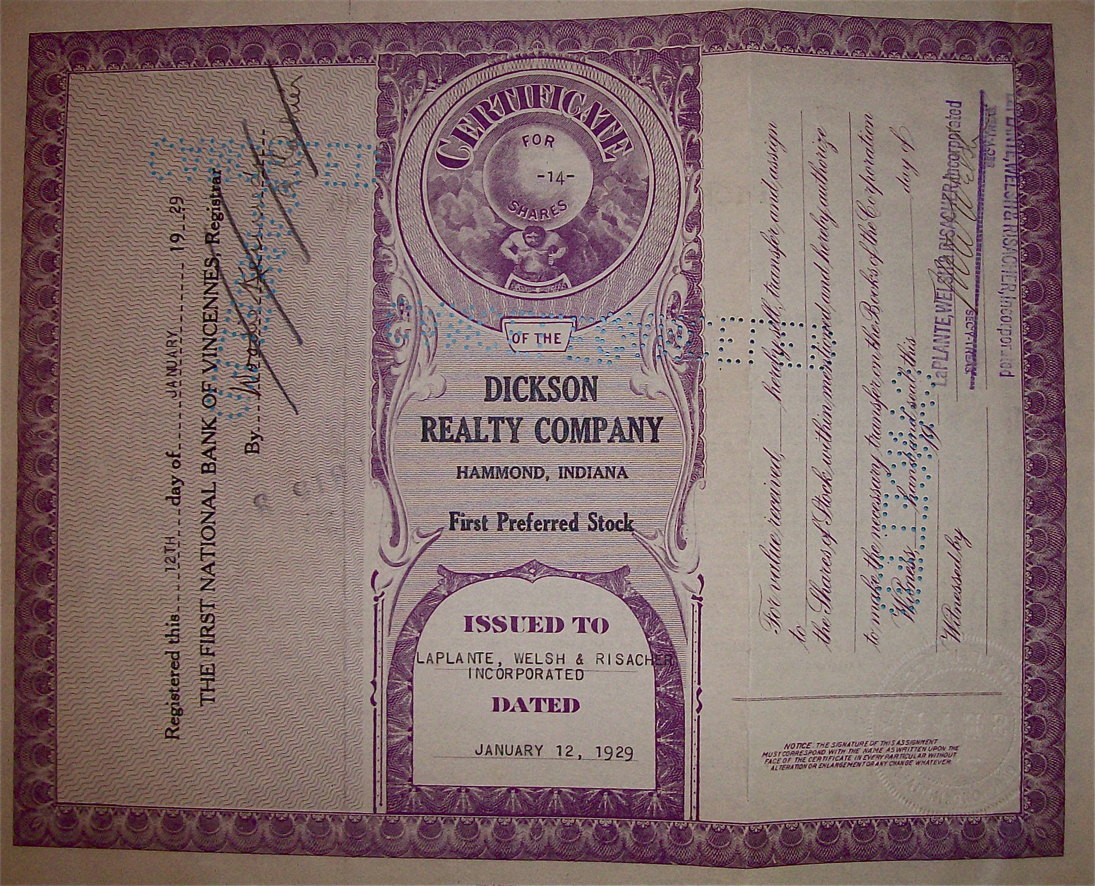 1929 Dickson Reality Company Stock Certificate