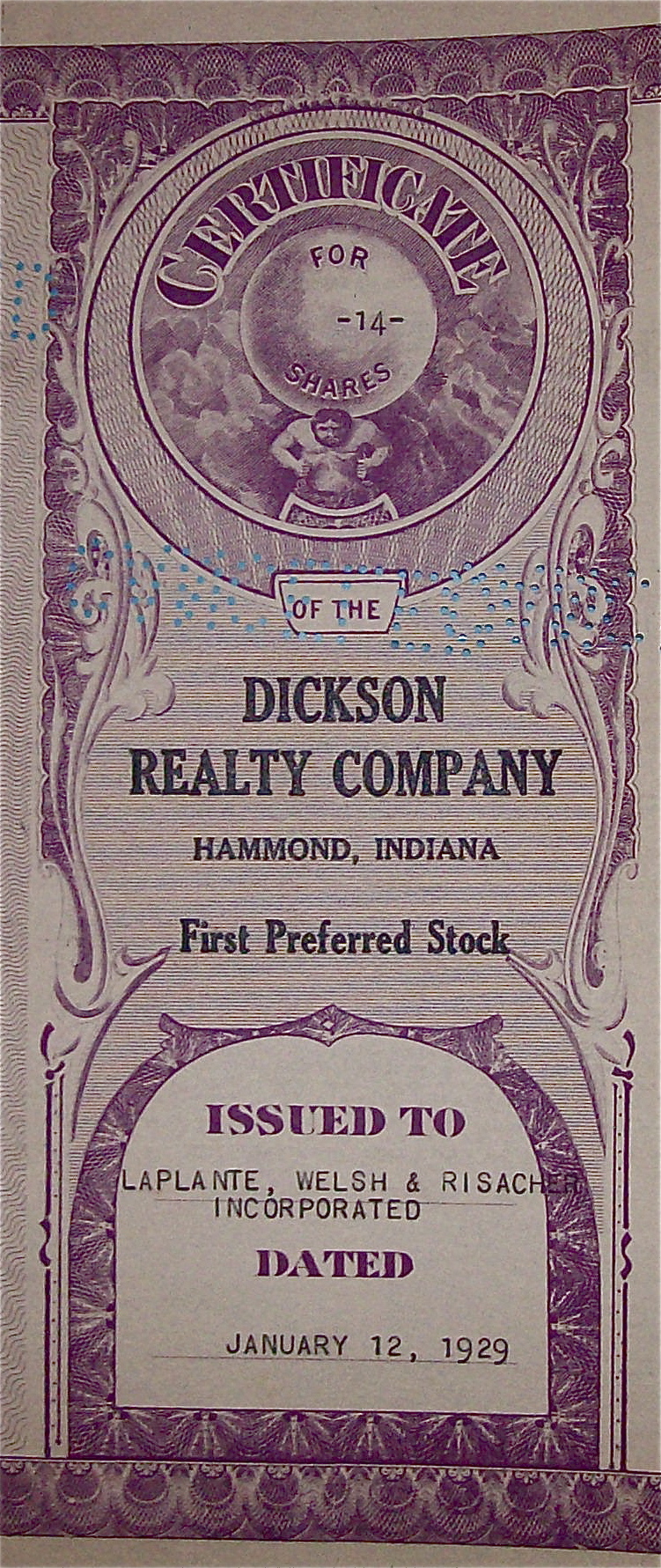 1929 Dickson Reality Company Stock Certificate