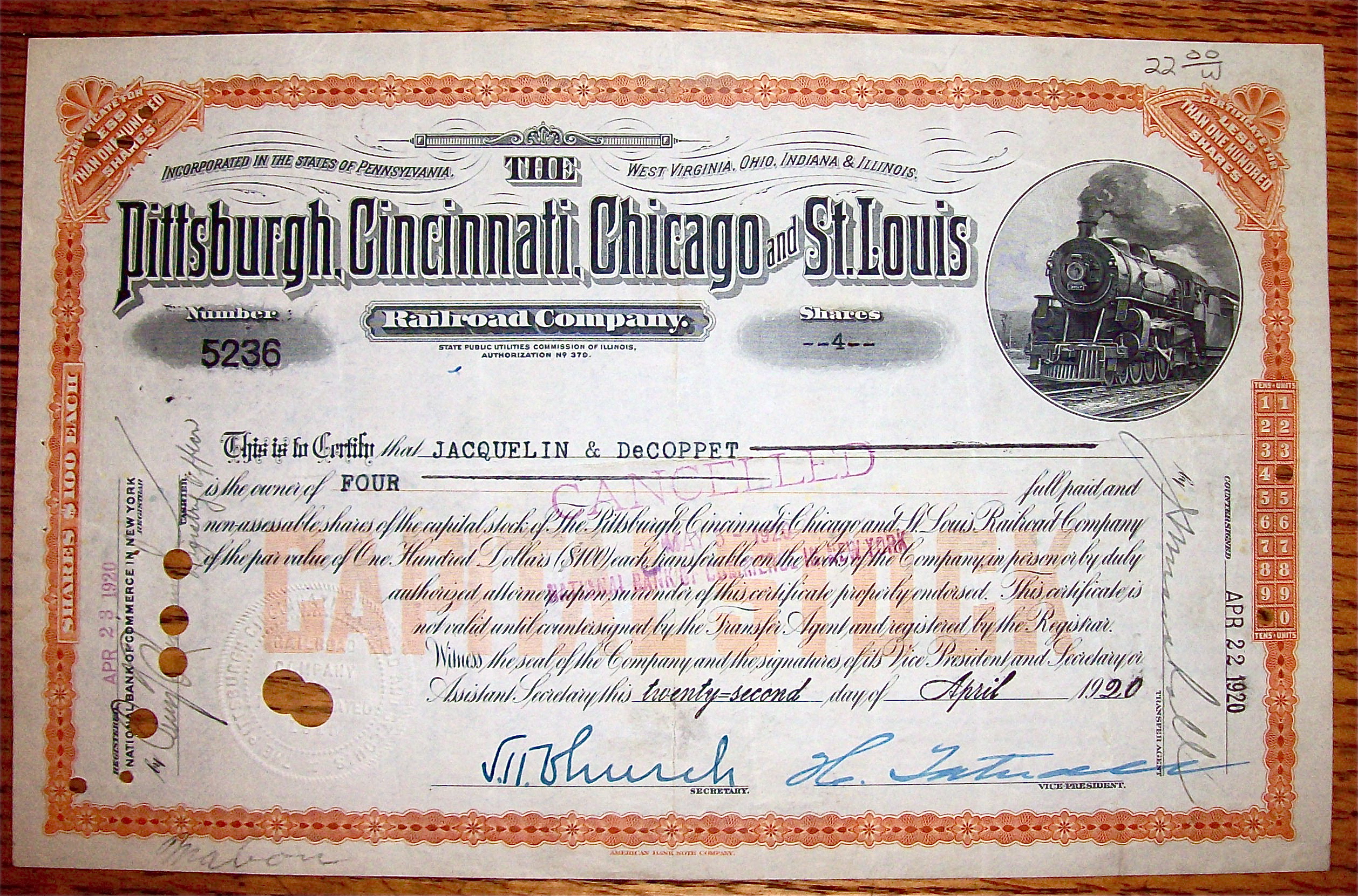 1920 Pittsburgh, Cincinnati, Chicago & St. Louis Stock