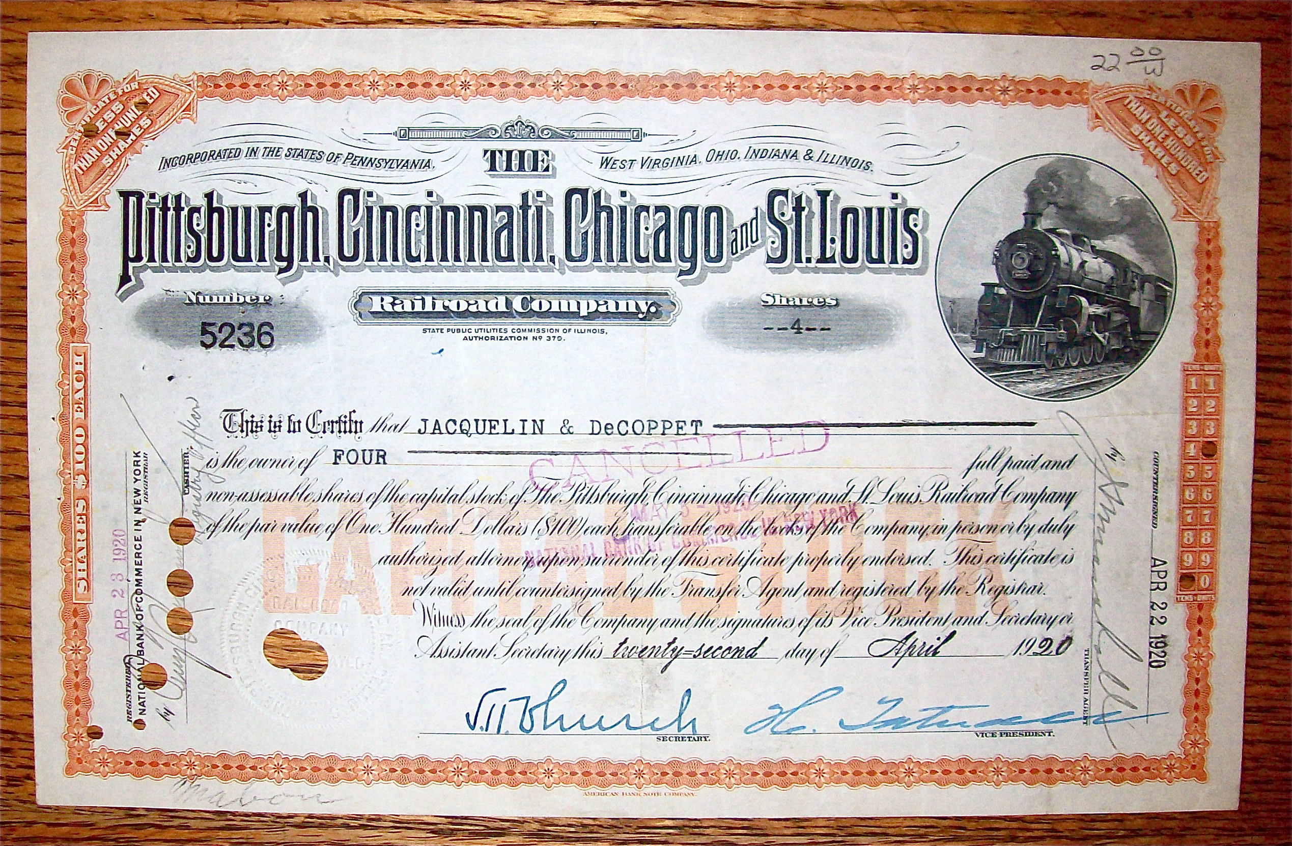1920 Pittsburgh, Cincinnati, Chicago & St. Louis Stock