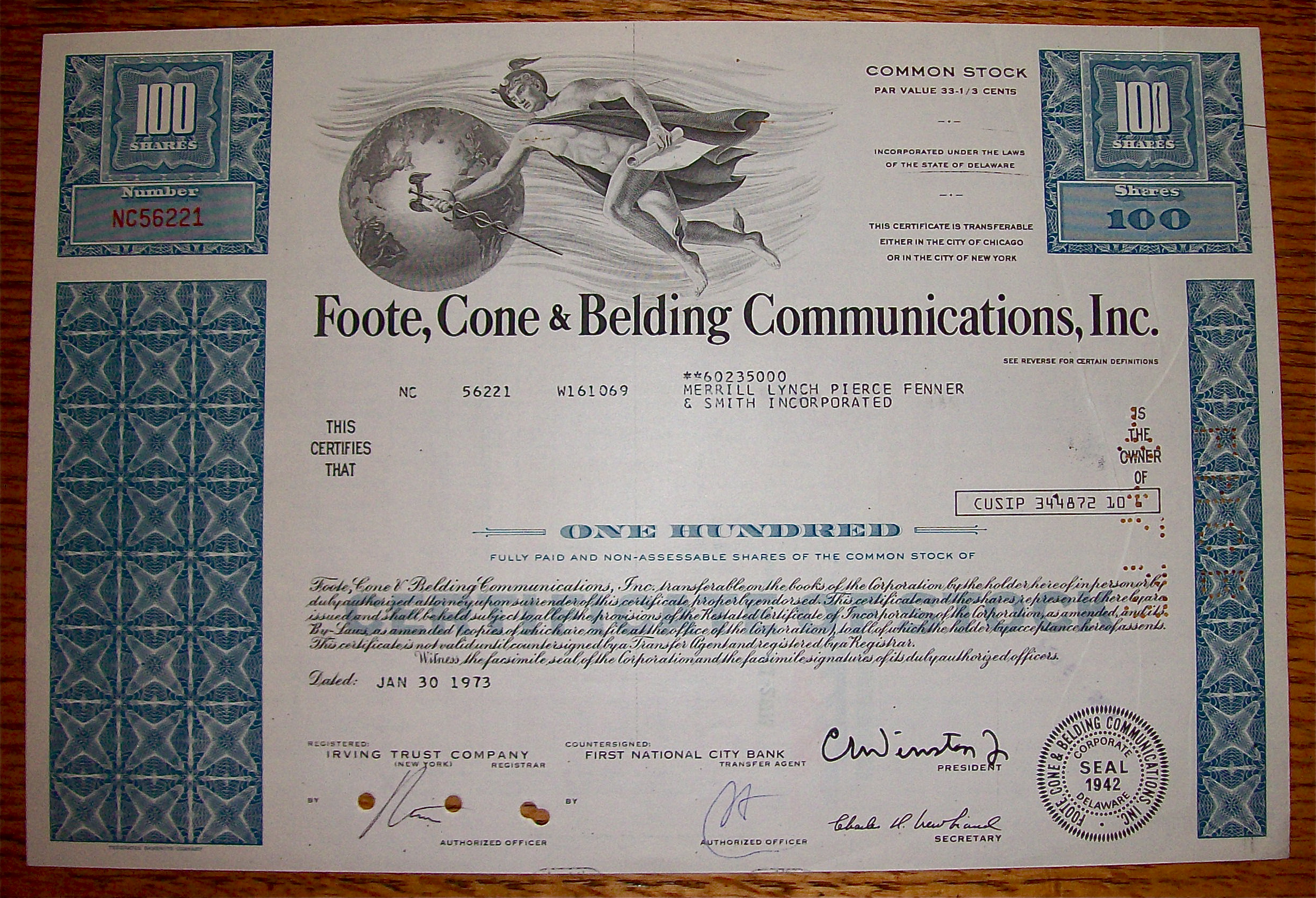 1973 Foote Cone & Belding Communications Inc. Stock