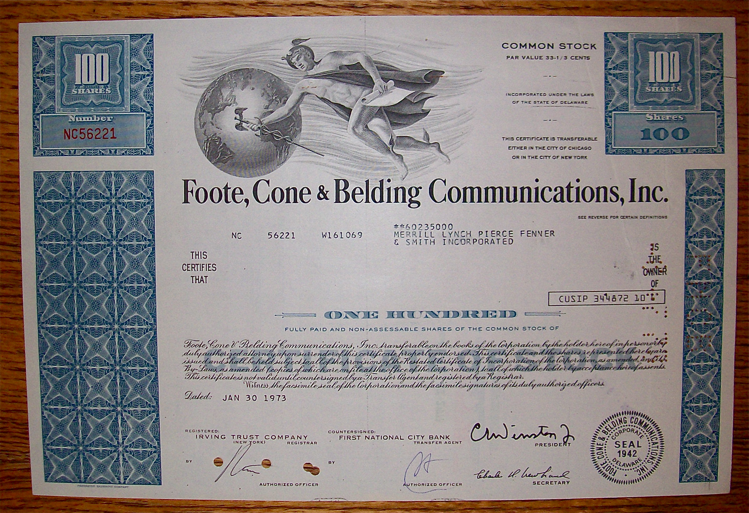 1973 Foote Cone & Belding Communications Inc. Stock