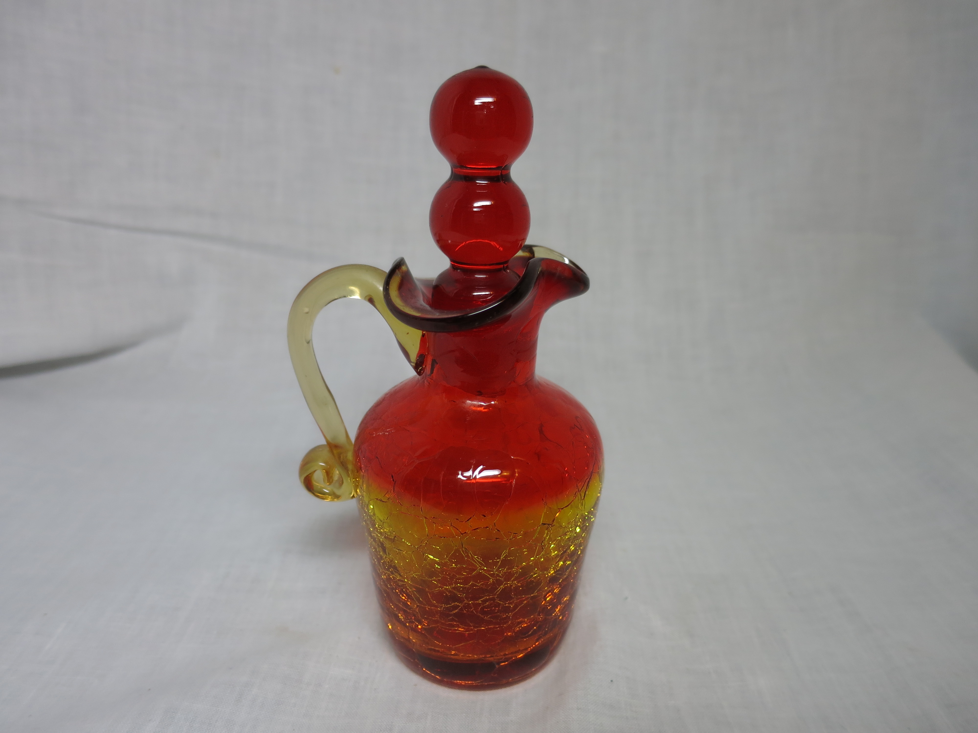 Amberina Crackle Glass Cruet Red Yellow Clear