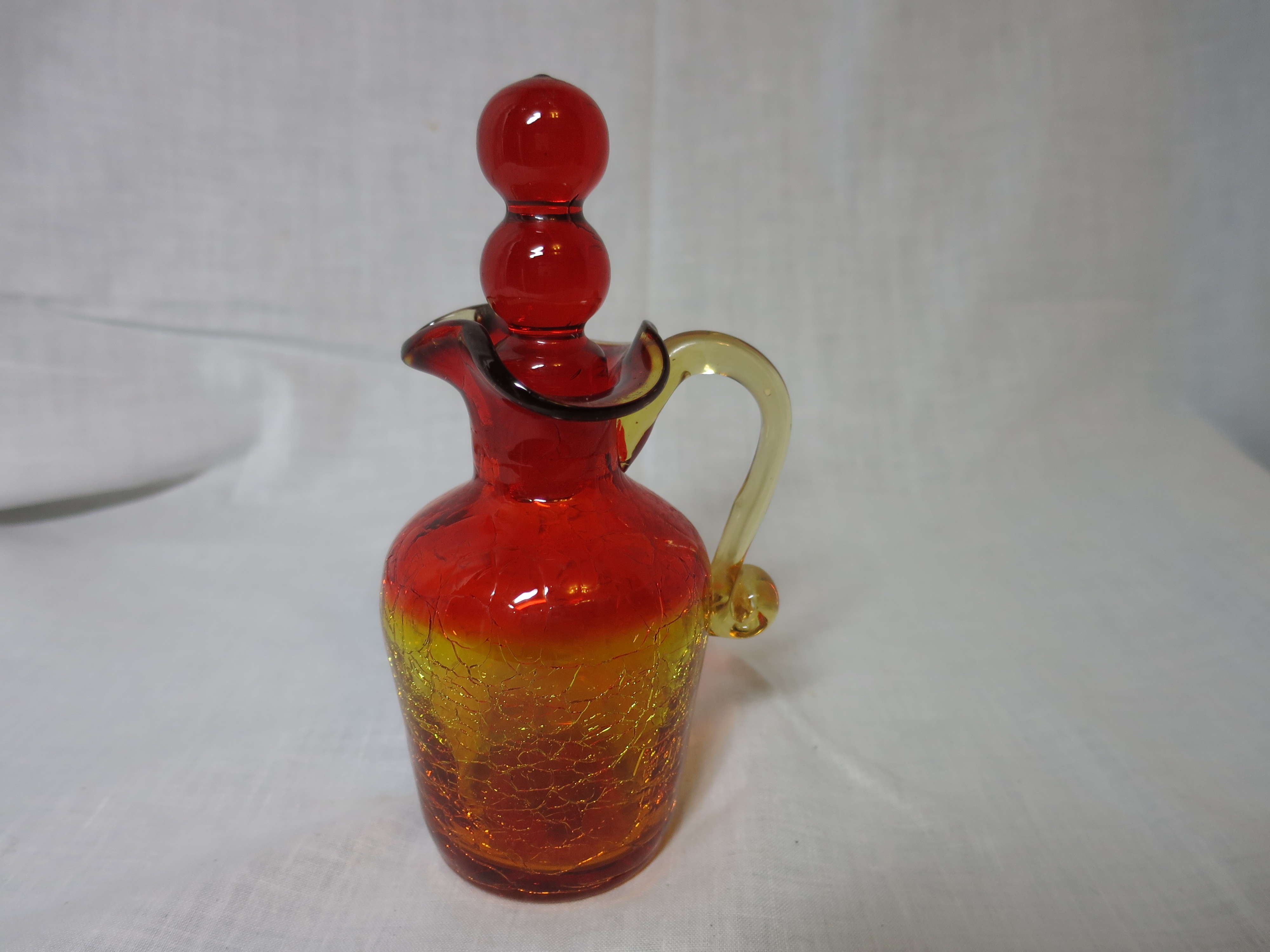 Amberina Crackle Glass Cruet Red Yellow Clear