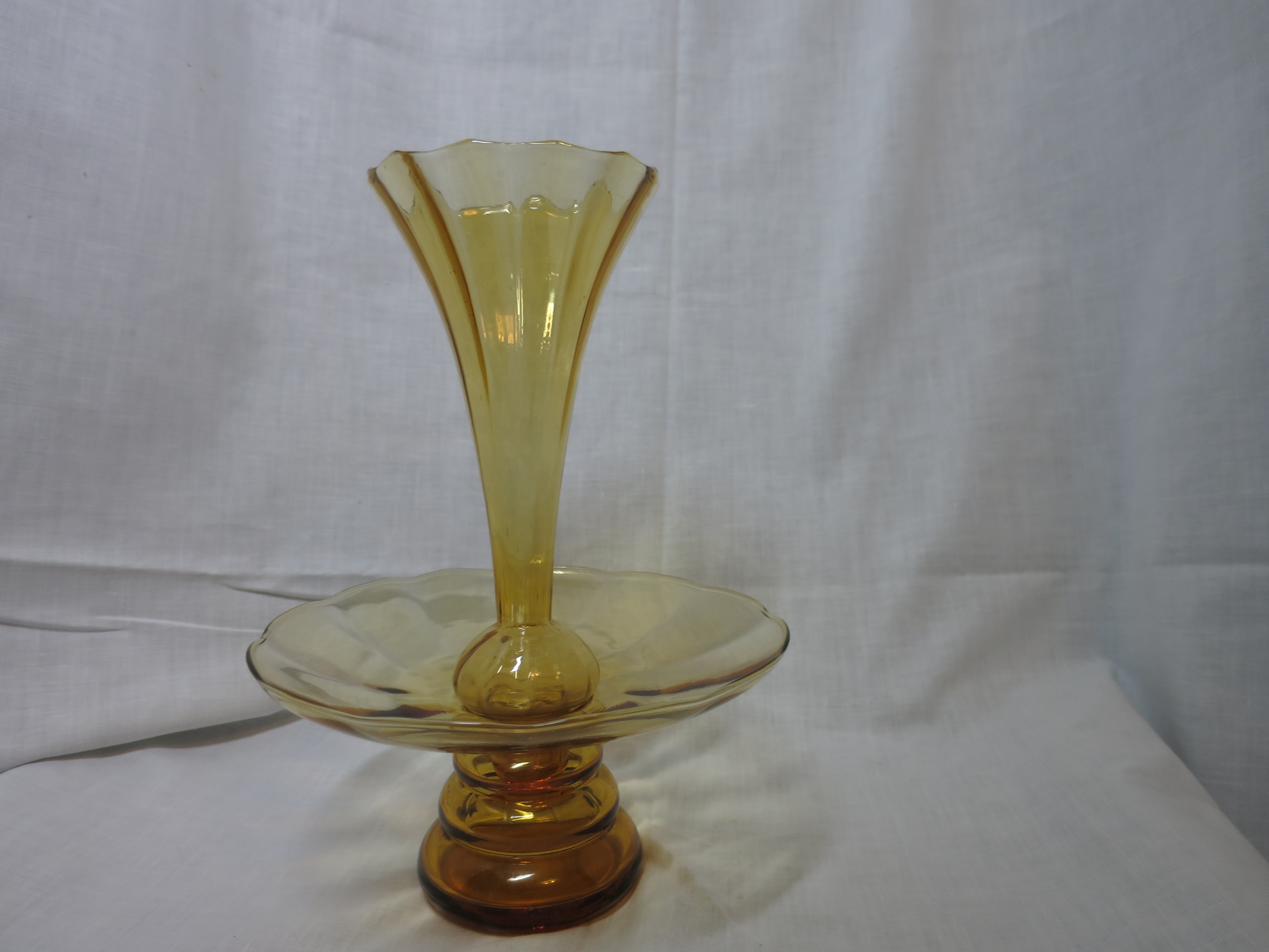 Fountain Pedestal Vase Epergne Mold Blown Amber Yellow