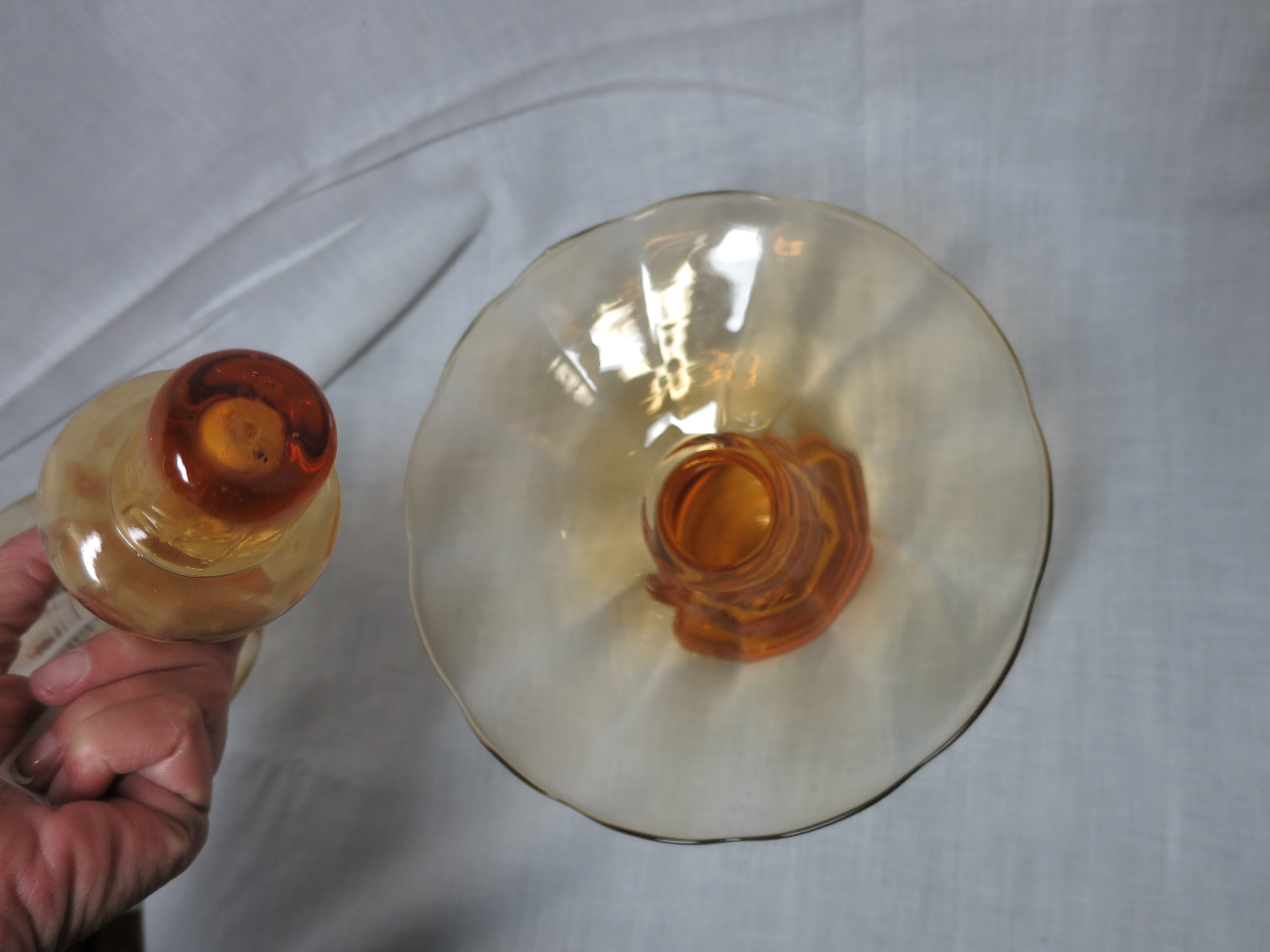 Fountain Pedestal Vase Epergne Mold Blown Amber Yellow