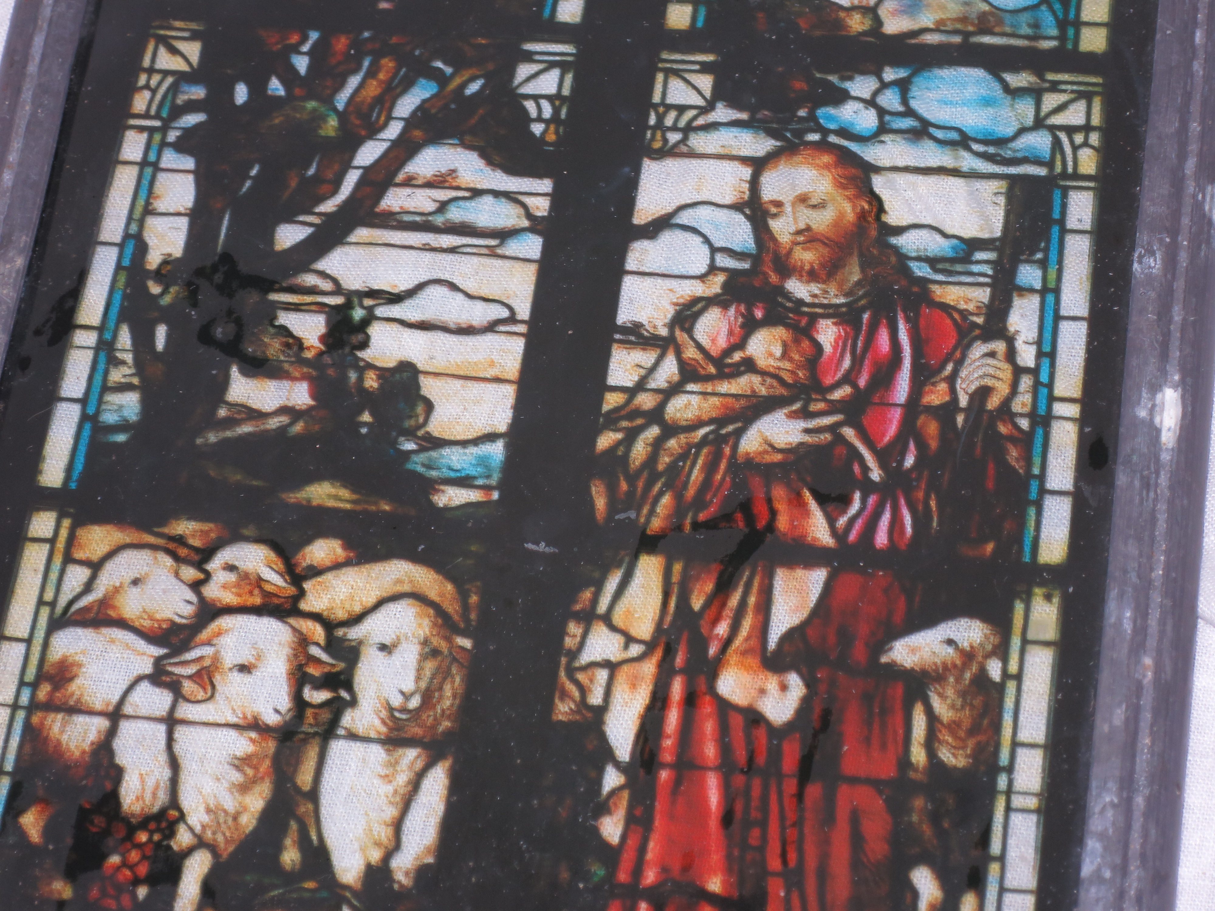 Antique Painted Stained Glass Jesus Sheep Church Window