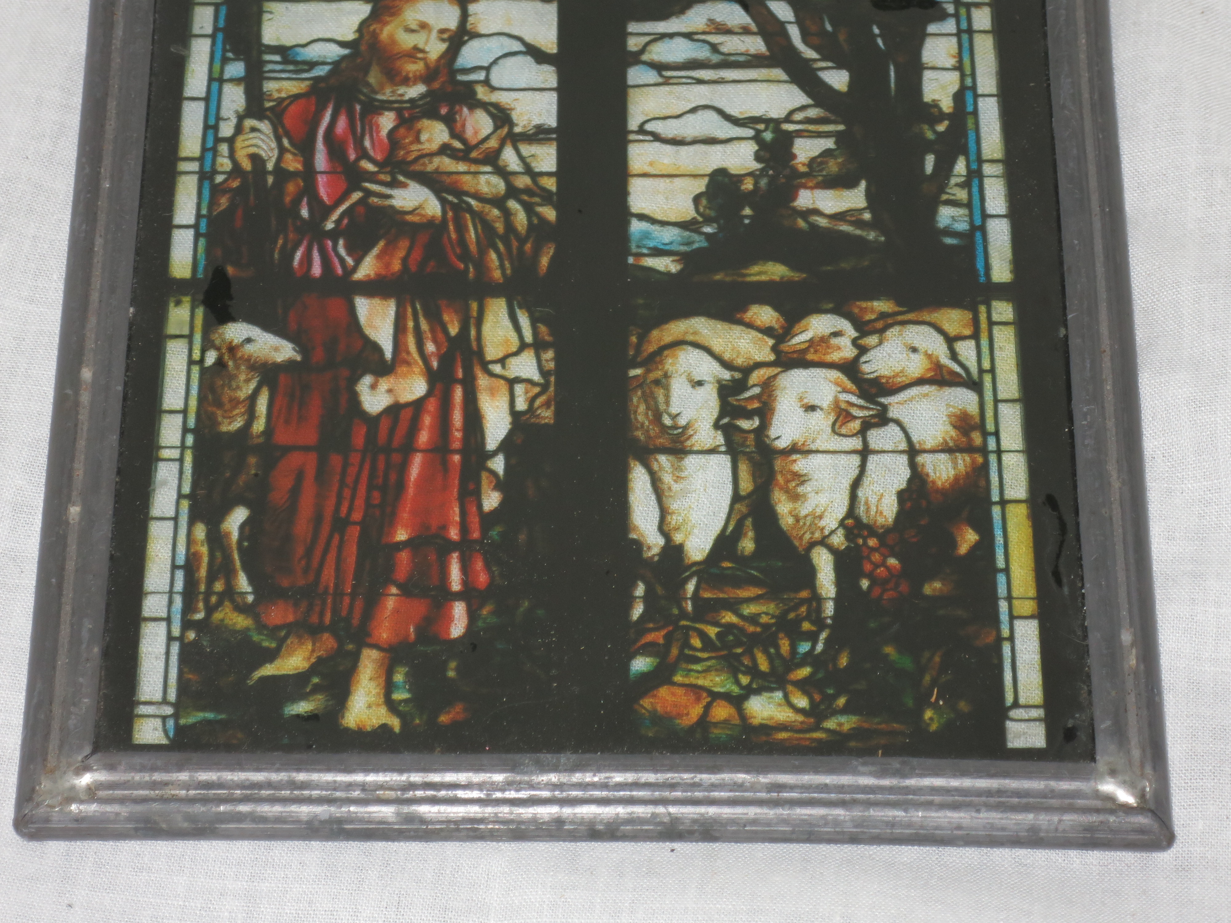Antique Painted Stained Glass Jesus Sheep Church Window