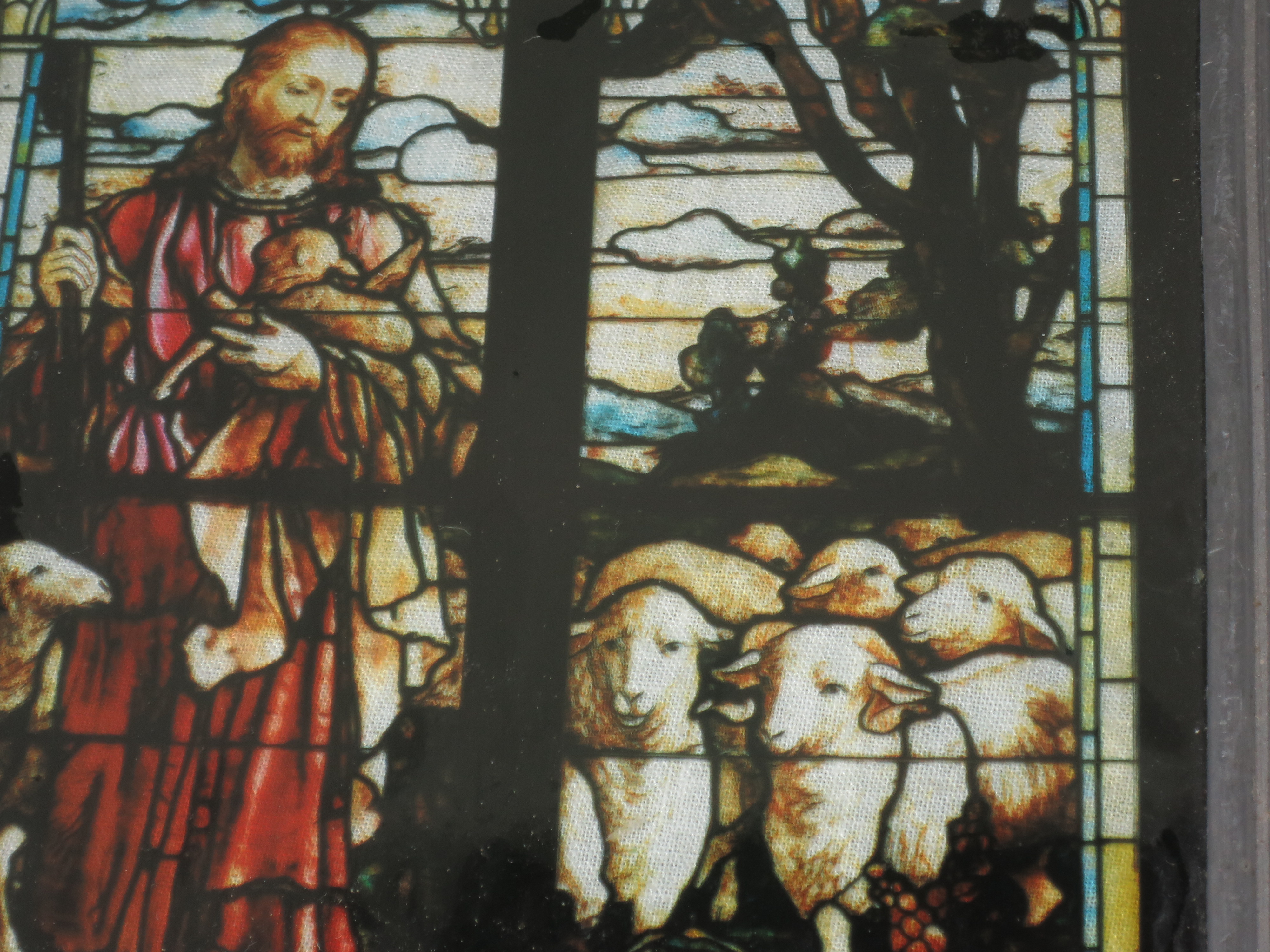 Antique Painted Stained Glass Jesus Sheep Church Window