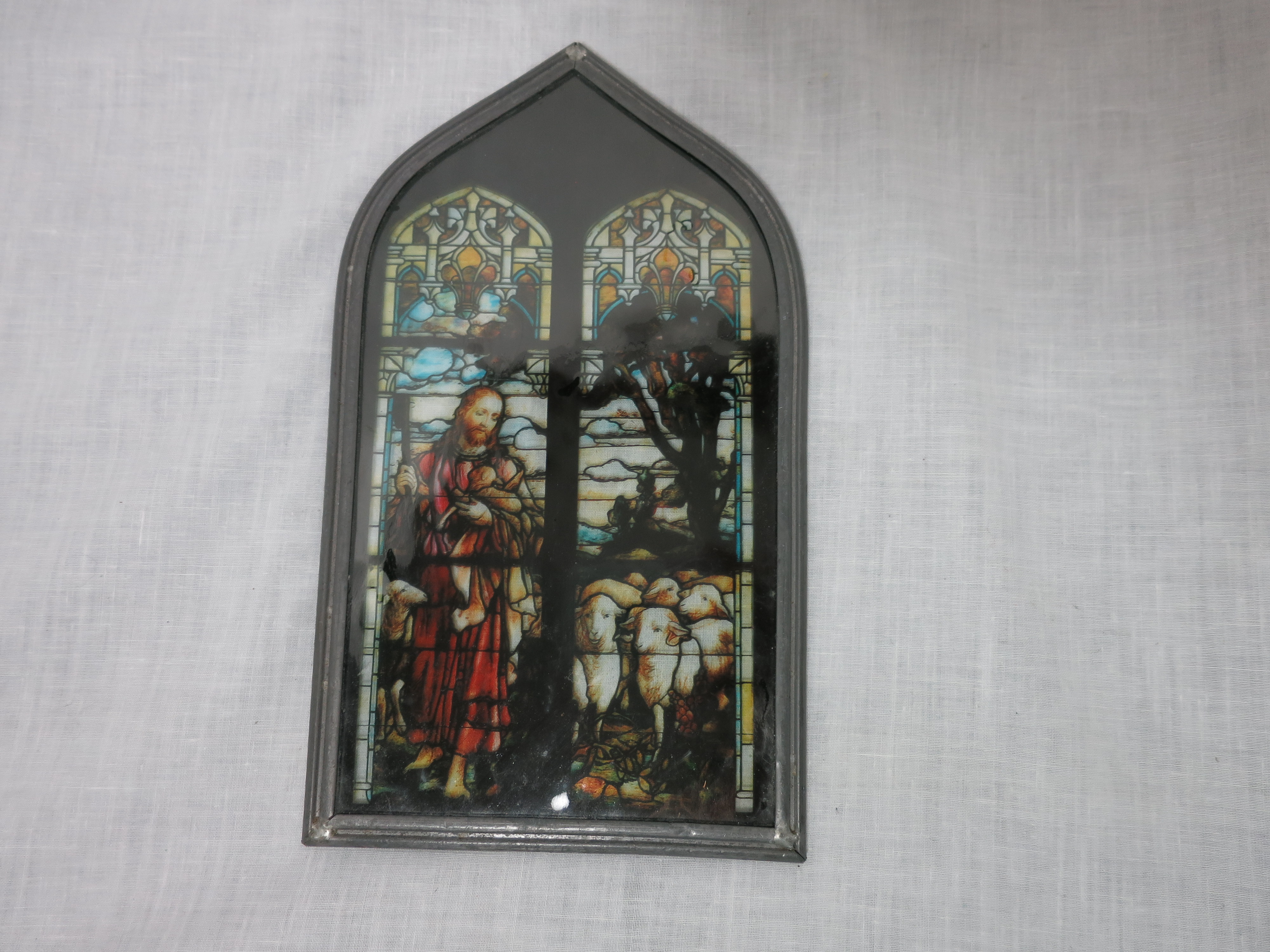 Antique Painted Stained Glass Jesus Sheep Church Window